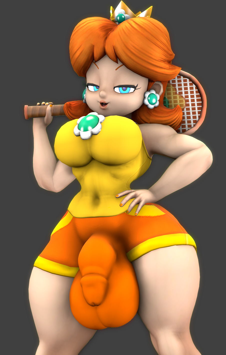 1futa, 3d, 3d (artwork), bulge, dickgirl, futa only, futanari, intersex, kabalmystic (style), mario (series), mario tennis, nintendo, princess daisy, princess daisy (sportswear), self upload, sfm, solo, source filmmaker, sportswear, super mario bros., thick thighs, thordersfm, wide hips