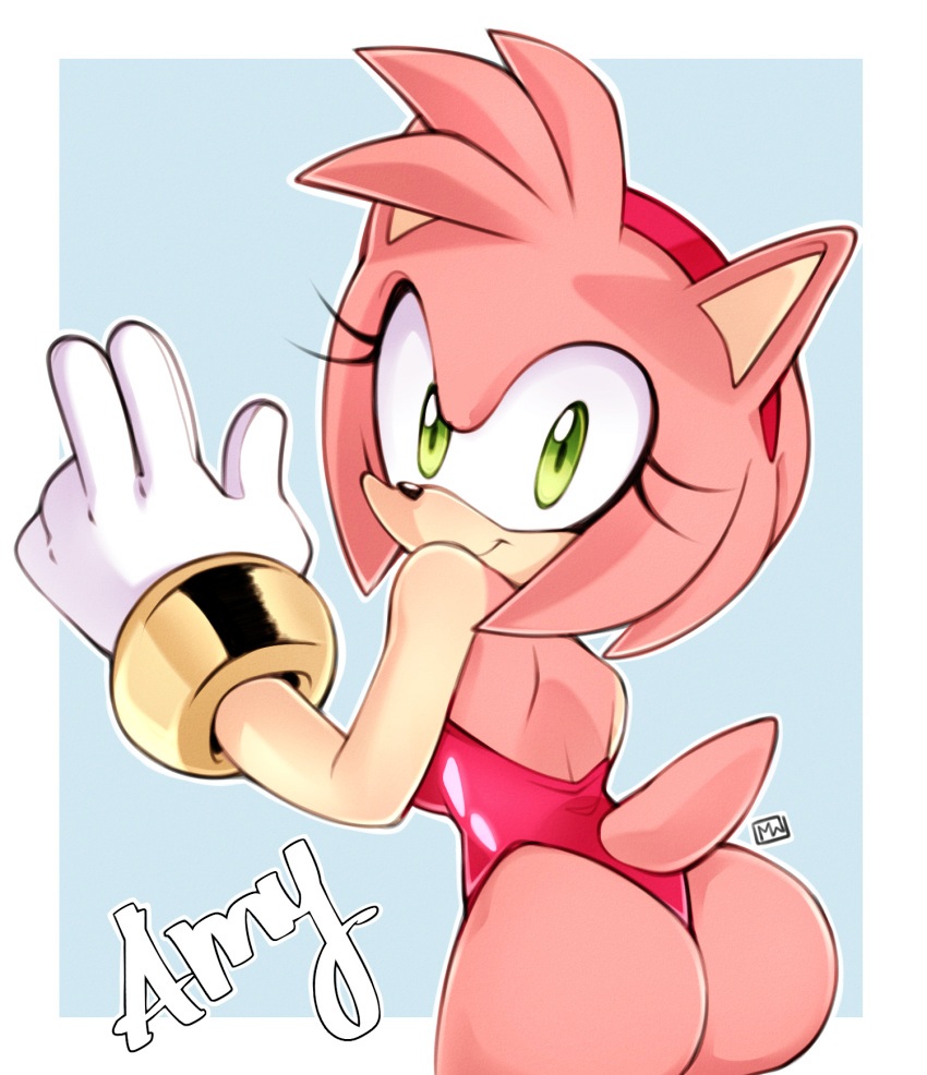 2d amy_rose anthro ass color eyelashes female female_only furry gloves green_eyes jpeg leotard misswerehog pink_fur pink_hair sega short_hair smile sonic_(series) thong_leotard