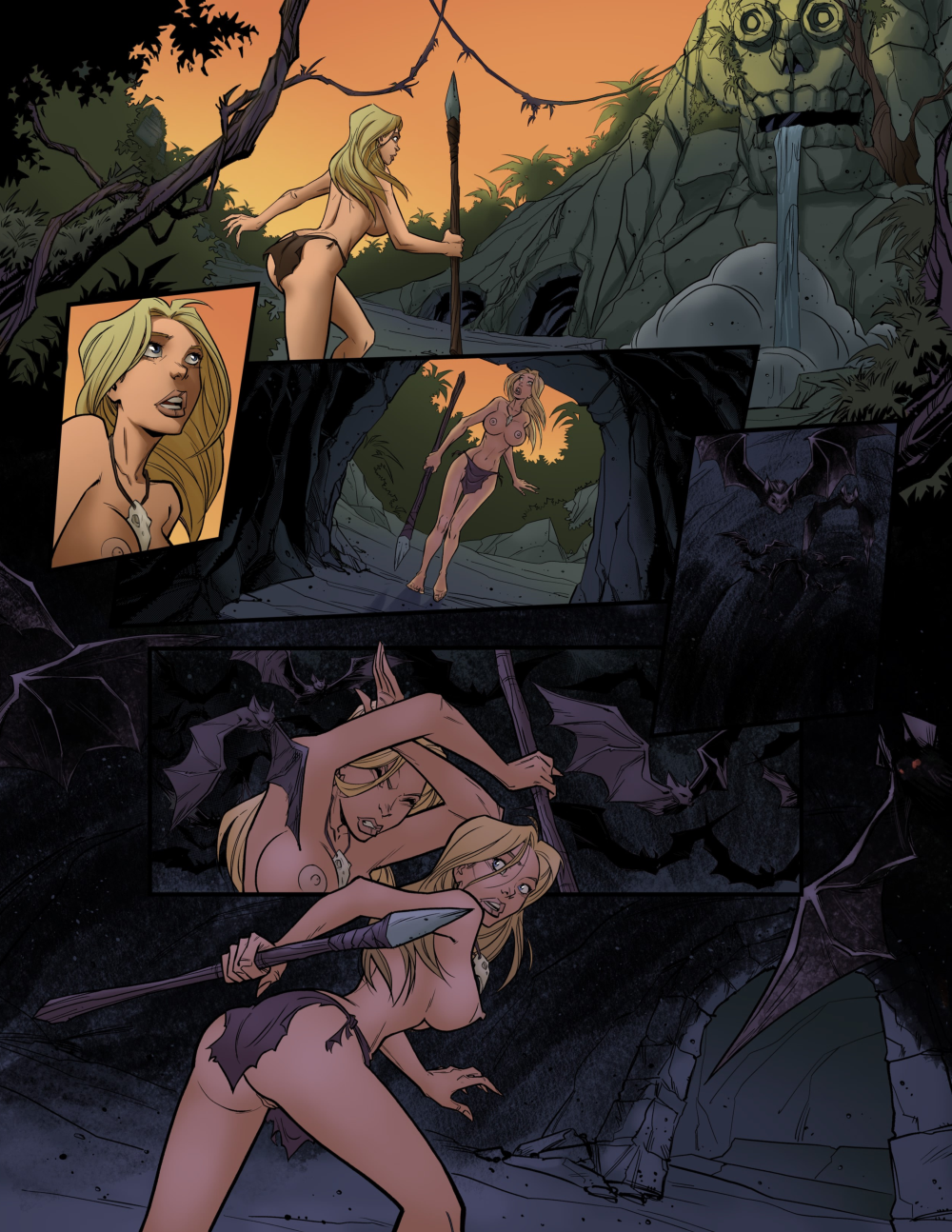 anal ass bats big_breasts blonde_hair breasts cave clothing comic comic_page jungle jungle_dangers large_breasts loincloth necklace secretstashstudios spear topless vore