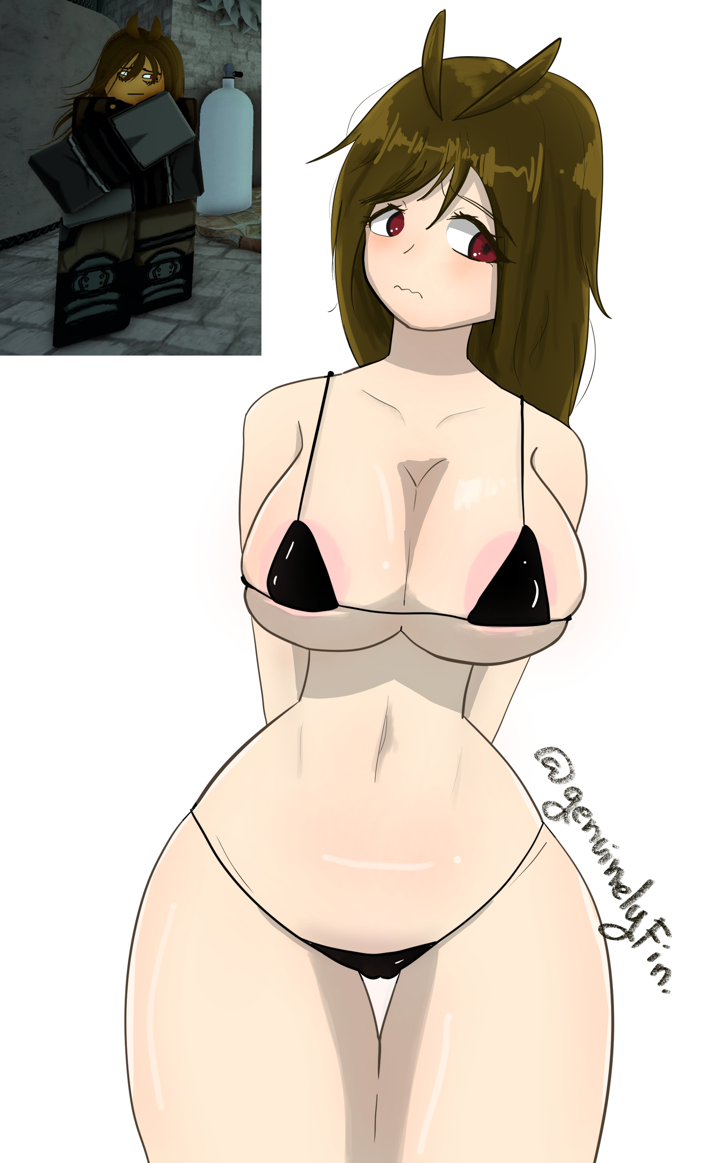 1girls, areolae, artist name, big breasts, bikini, breasts, cameltoe, deepdelver myra, deepwoken, female, genuinelyfin, reference image, roblox, roblox game, robloxian, self upload, standing, stomach, tagme, thick thighs, thighs, tiran (deepwoken)