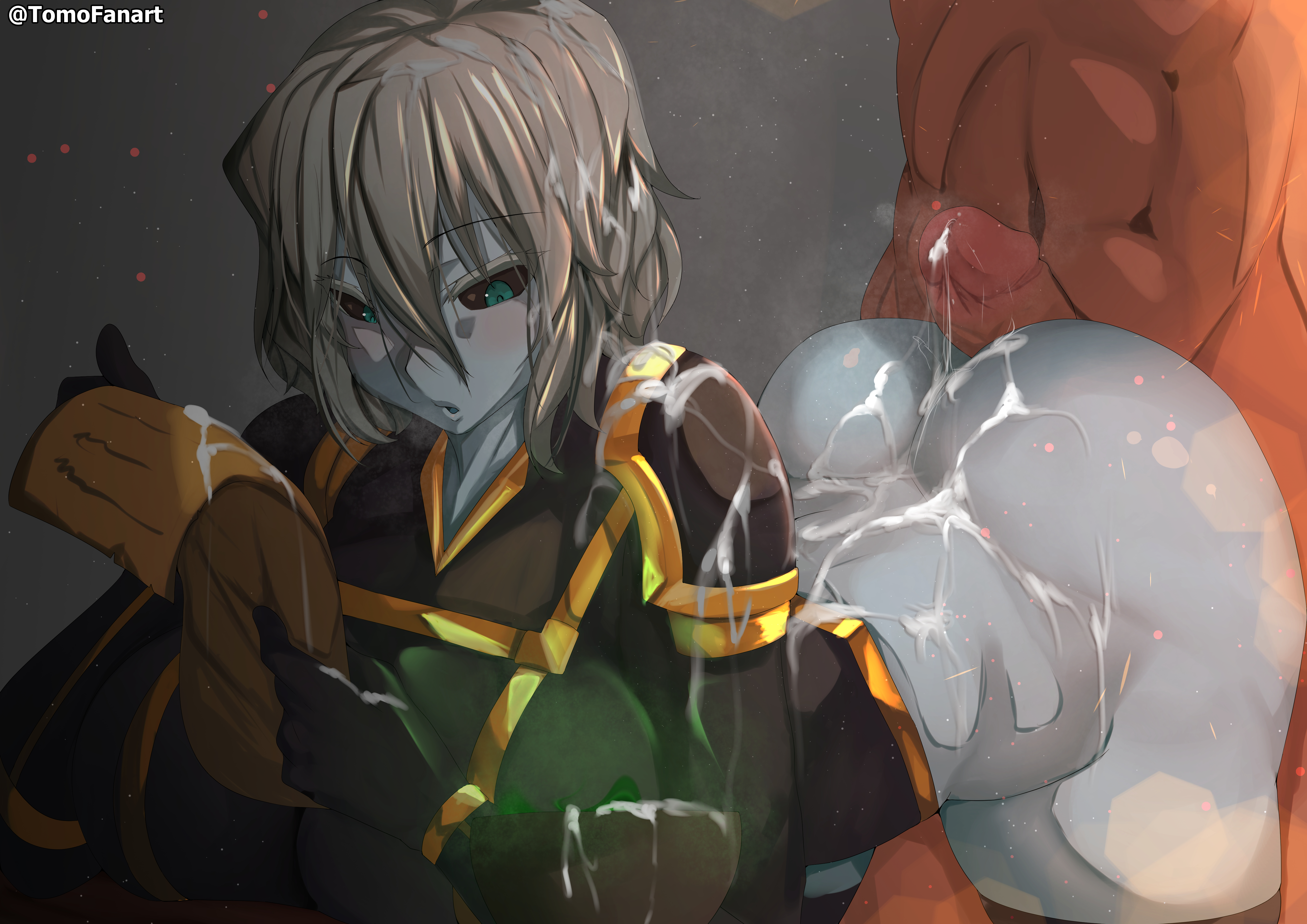 :o, 1boy, 1girls, after buttjob, anasteria, armor, ass, assjob, bent over, black legwear, black thighhighs, blush, bowl, breasts, breasts bigger than head, breasts on desk, breasts on table, breath, buttjob, colored sclera, colored skin, crystal, cum, cum on armor, cum on ass, cum on back, cum on body, cum on clothes, cum on gloves, cum on hair, cum on hand, cum on head, cum on object, cum on paper, desk, emotionless, emotionless female, emotionless sex, female, gauntlets, gloves, green eyes, green goo, green slime, grey hair, grey skin, grim dawn, huge ass, huge breasts, large ass, large breasts, legwear, magic, male, oblivious, penis, precum, precum drip, precum on ass, precum on body, precum on butt, precum on penis, precum string, scroll, short hair, shoulder length hair, shoulder pads, steam, sweat, table, thick thighs, thighhighs, thighs, tomodachi (tomofanart), unaware, unaware buttjob, uniform, witch