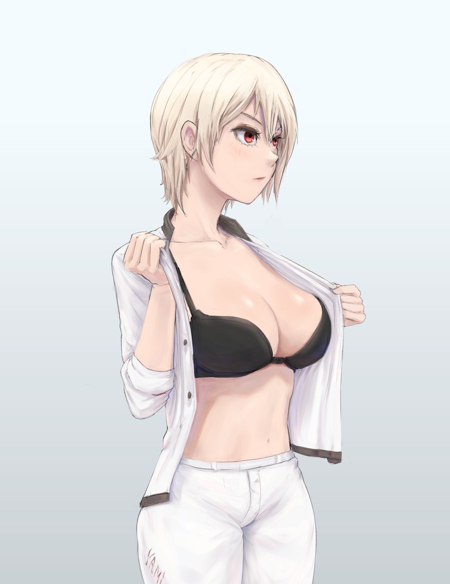 1girls, 2021, belly, belly button, big breasts, blush, bra, breasts, cleavage, clothed, clothed female, female, fully clothed, gradient background, grey background, hi res, high resolution, highres, looking away, nakiri alice, navel, open shirt, pants, red eyes, shokugeki no souma, short hair, simple background, thick thighs, thighs, tight pants, white hair, white-haired female, yamisouls