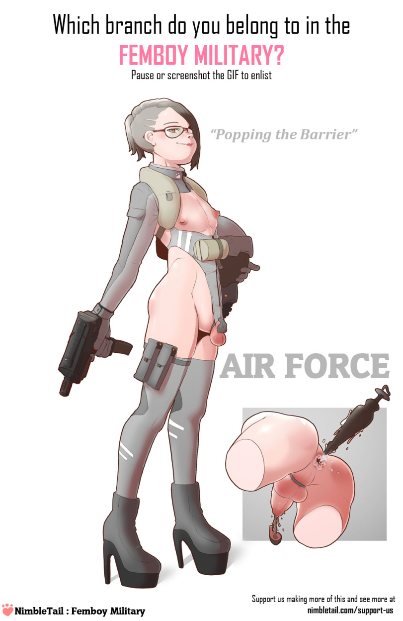 1boy, 2d, after anal, air force, anus, ass, boots, buttplug, chastity cage, color, english text, femboy, femboy only, full color, glasses, grey thighhighs, gun, high heel boots, high heels, light-skinned femboy, male, male only, military uniform, nimbletail, nipples, original, penis, solo, solo femboy, tagme, thighhighs, tiny penis, urethral chastity, urethral insertion, urethral plug, white background