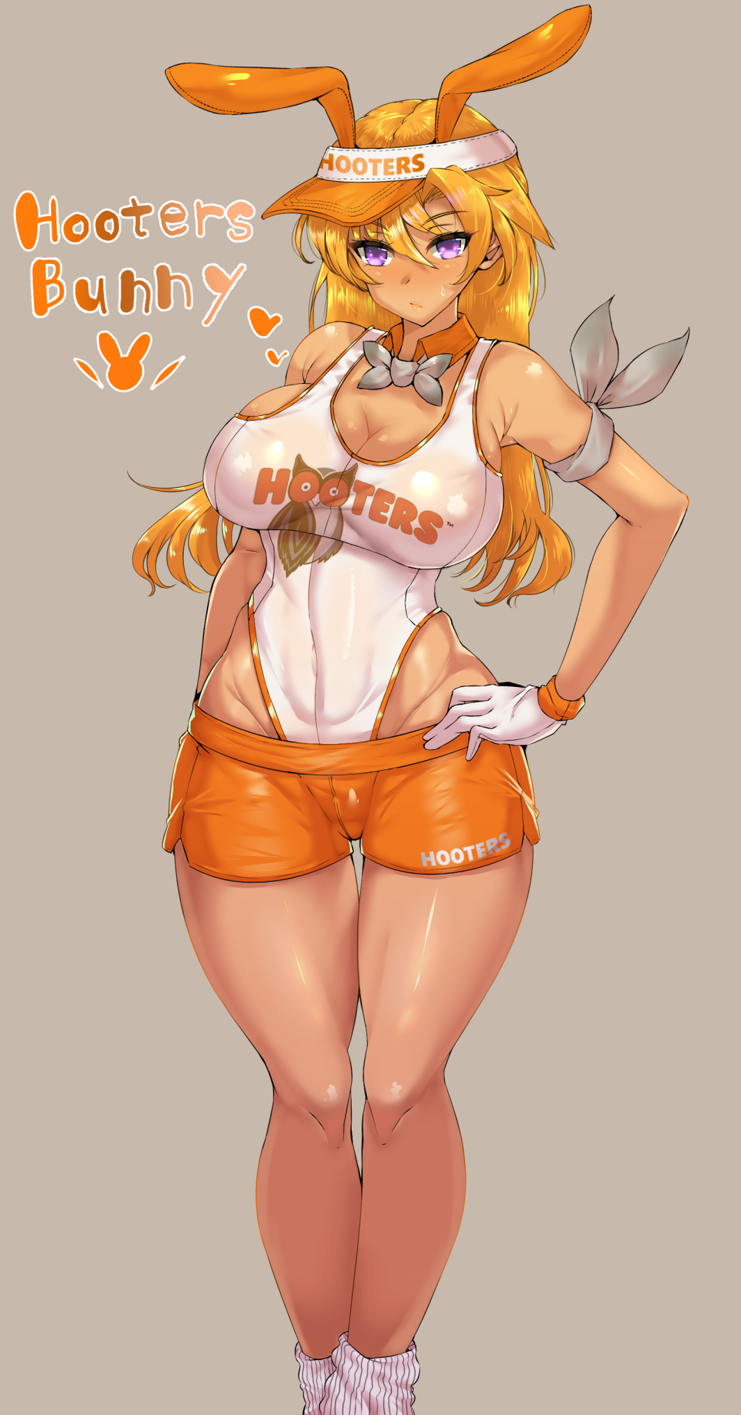 2021, armband, big breasts, blonde hair, breasts, bunny ears, busty, cap, cleavage, dark skin, dark-skinned female, english text, female, gloves, gyaru, hand on hip, hand on own hip, hooters, large breasts, leotard, long hair, purple eyes, shorts, simple background, solo, solo female, solo focus, thigh gap, wakura (gcdan), white gloves, white leotard