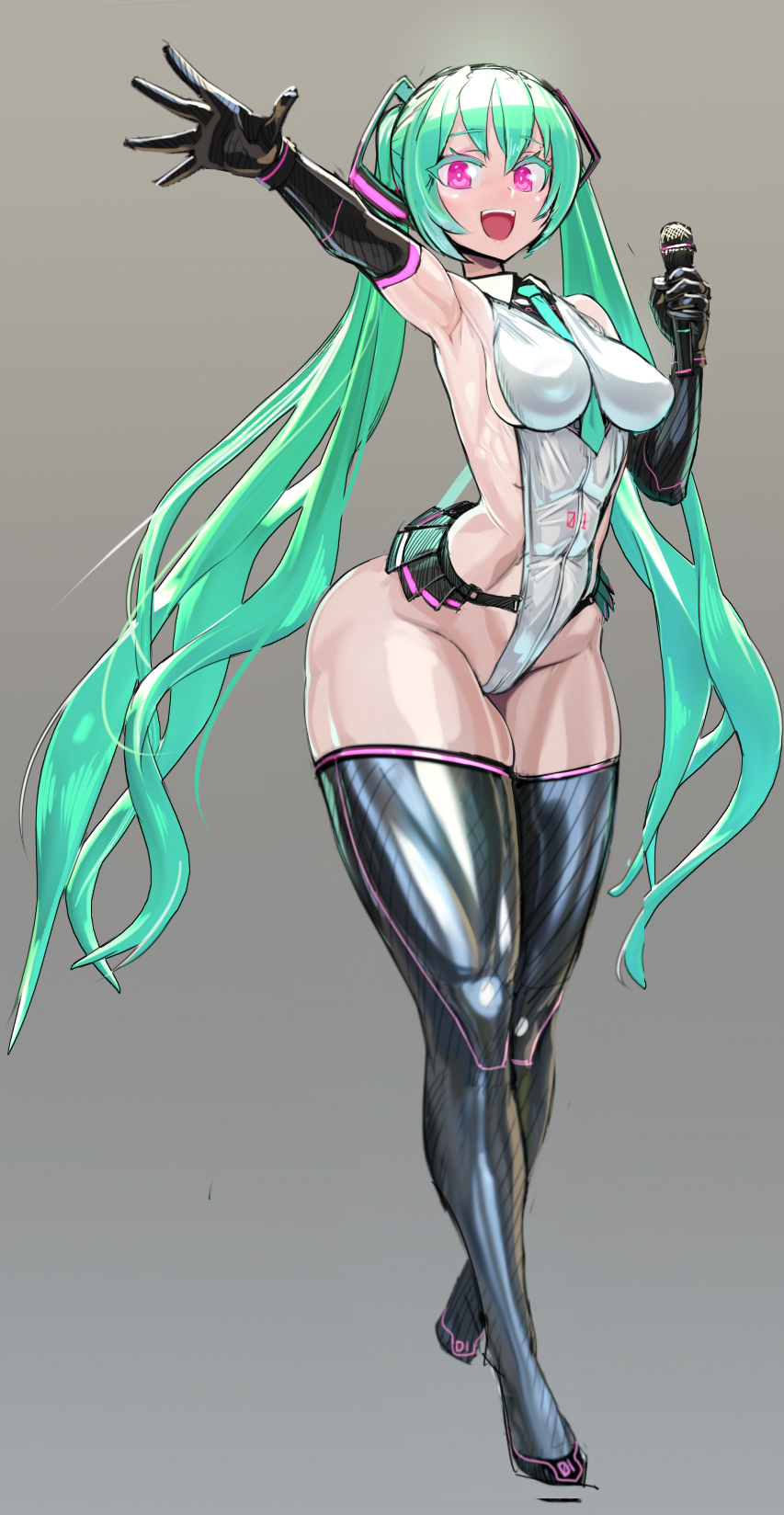 1girl, 1girls, aqua hair, armpits, arms up, armwear, black armwear, black legwear, boots, breasts, cameltoe, covered nipples, elbow gloves, female, full body, gloves, hatsune miku, highleg leotard, holding, idol, impossible leotard, large breasts, legwear, leotard, light skin, light-skinned female, long hair, medium breasts, microphone, microskirt, miniskirt, muscular, necktie, nisetanaka, nisetanaqa, open mouth, pink eyes, pussy, skimpy, skimpy clothes, skindentation, skirt, smile, smiling, solo, thigh boots, thighhighs, twintails, very long hair, vocaloid, wide hips