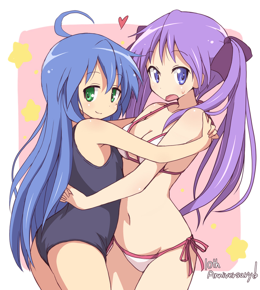 2girls, bikini, female, hugging partner, kagami hiiragi, konata izumi, looking at viewer, lucky star, mel (melty pot), mole under eye, one-piece swimsuit, smiling at viewer, swimsuit, tagme, viewed from side, yuri