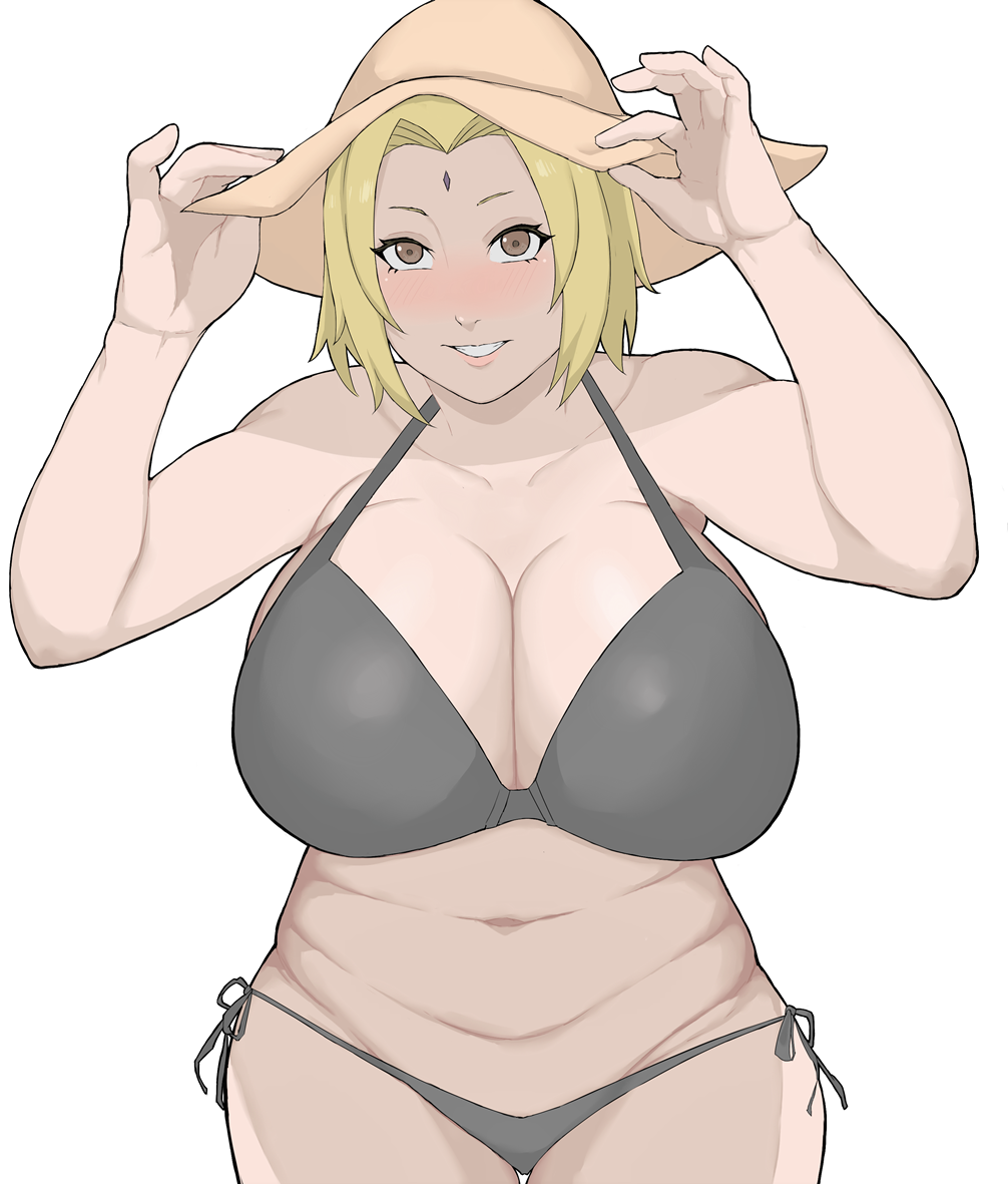 1girls adjusting_hat adjusting_headwear alternate_hair_length alternate_hairstyle bare_legs bare_shoulders bbw belly_folds big_breasts bikini blonde_hair breasts brown_eyes cleavage facial_mark female female_only forehead_mark grey_bikini hat headwear hourglass_figure huge_breasts long_hair looking_at_viewer midriff naruto naruto_(series) naruto_shippuden pinup plain_background sagging_belly shoulder_length_hair side-tie_bikini simple_background single_girl slightly_chubby smile solo solo_focus swimwear torikku95 tsunade voluptuous wide_hips