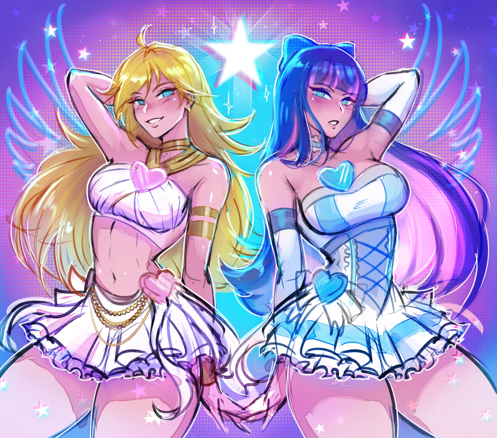 2girls, angel, blonde hair, blue eyes, blue hair, breasts, busty, curvy, female, female only, fully clothed, iahfy, light skin, light-skinned female, midriff, miniskirt, panty & stocking with garterbelt, panty anarchy, short dress, short skirt, sisters, sketch, skirt, stocking anarchy, thick thighs