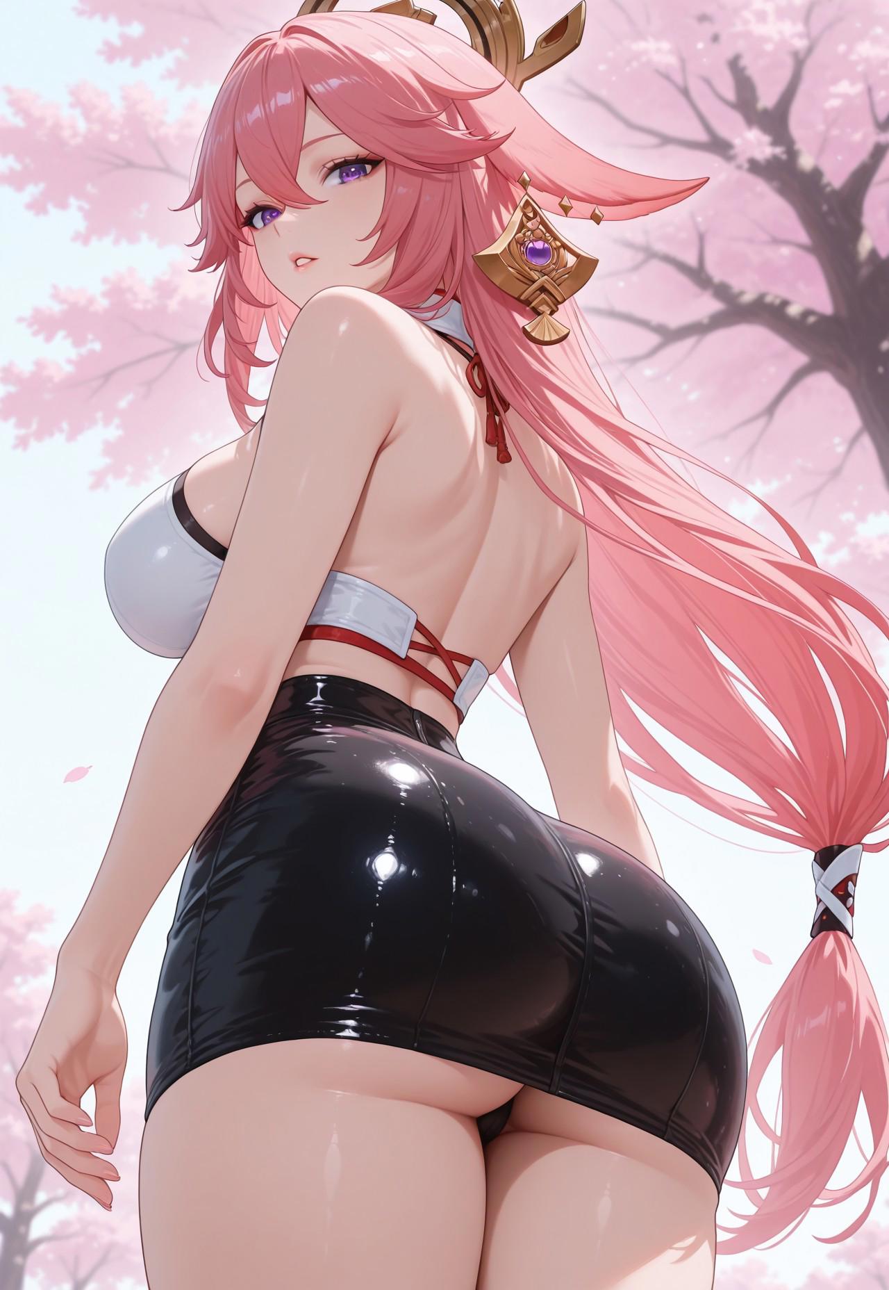 1girls, 2025, ai generated, ass, ass focus, big ass, big breasts, breasts, civitai, female, female only, genshin impact, huge ass, light-skinned female, looking at viewer, looking back, office lady, pink hair, purple eyes, skirt, solo, standing, thighs, yae miko