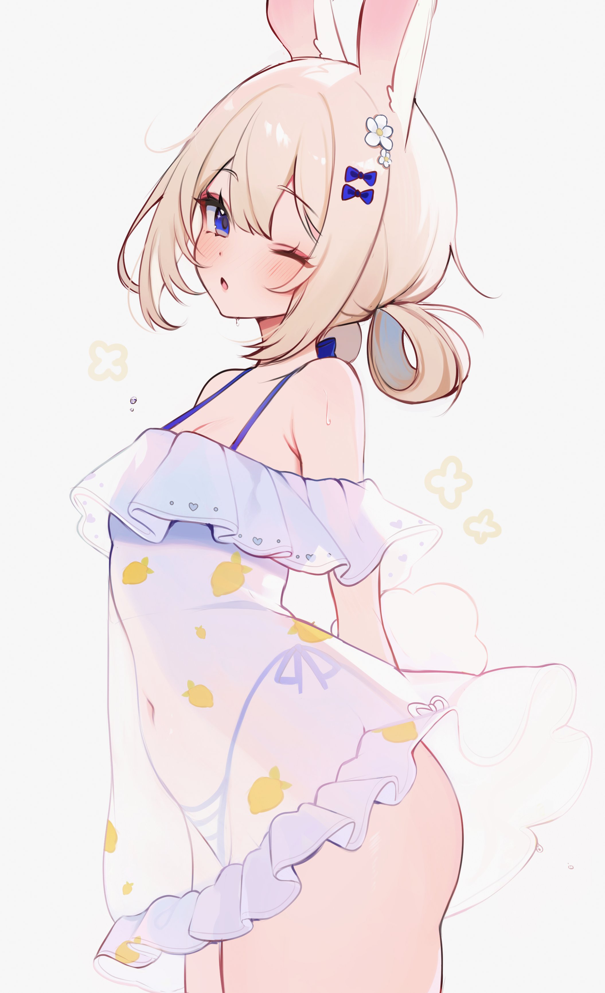 ;o, animal ears, bare shoulders, bikini, blue eyes, blush, breasts, bunny ears, cowboy shot, dress, eyebrows visible through hair, female, hair ornament, looking at viewer, navel, one eye closed, parted lips, see-through, solo, striped, striped bikini, swimsuit, twintails, vertical stripes, virtual youtuber, vyugen, yenko
