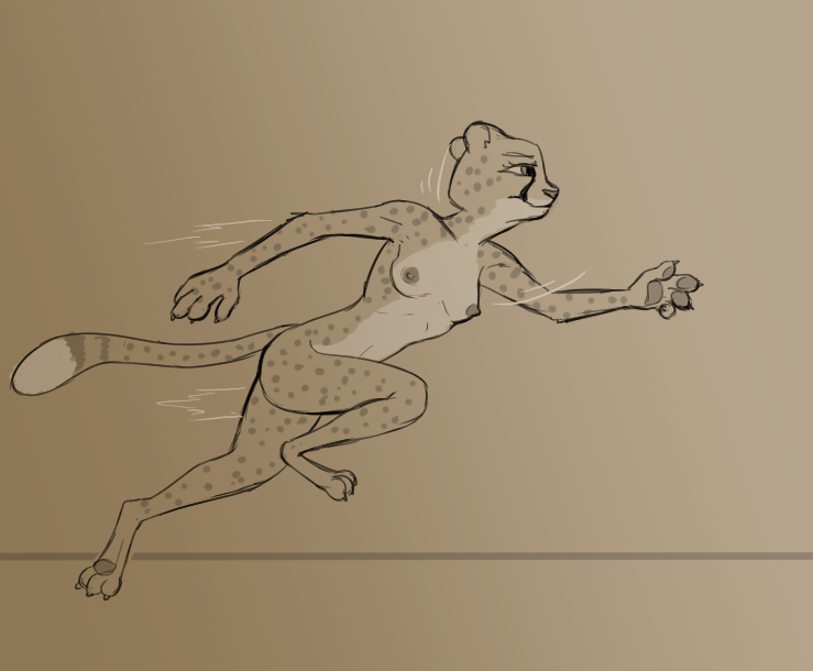 2021 action_pose anthro breasts casual_nudity cheetah claws disney felid feline female fur kii_catano mammal monochrome nipples nude pawpads pose running side_view simple_background sketch small_breasts solo spots spotted_body spotted_fur tggeko toe_claws zootopia zootropolis