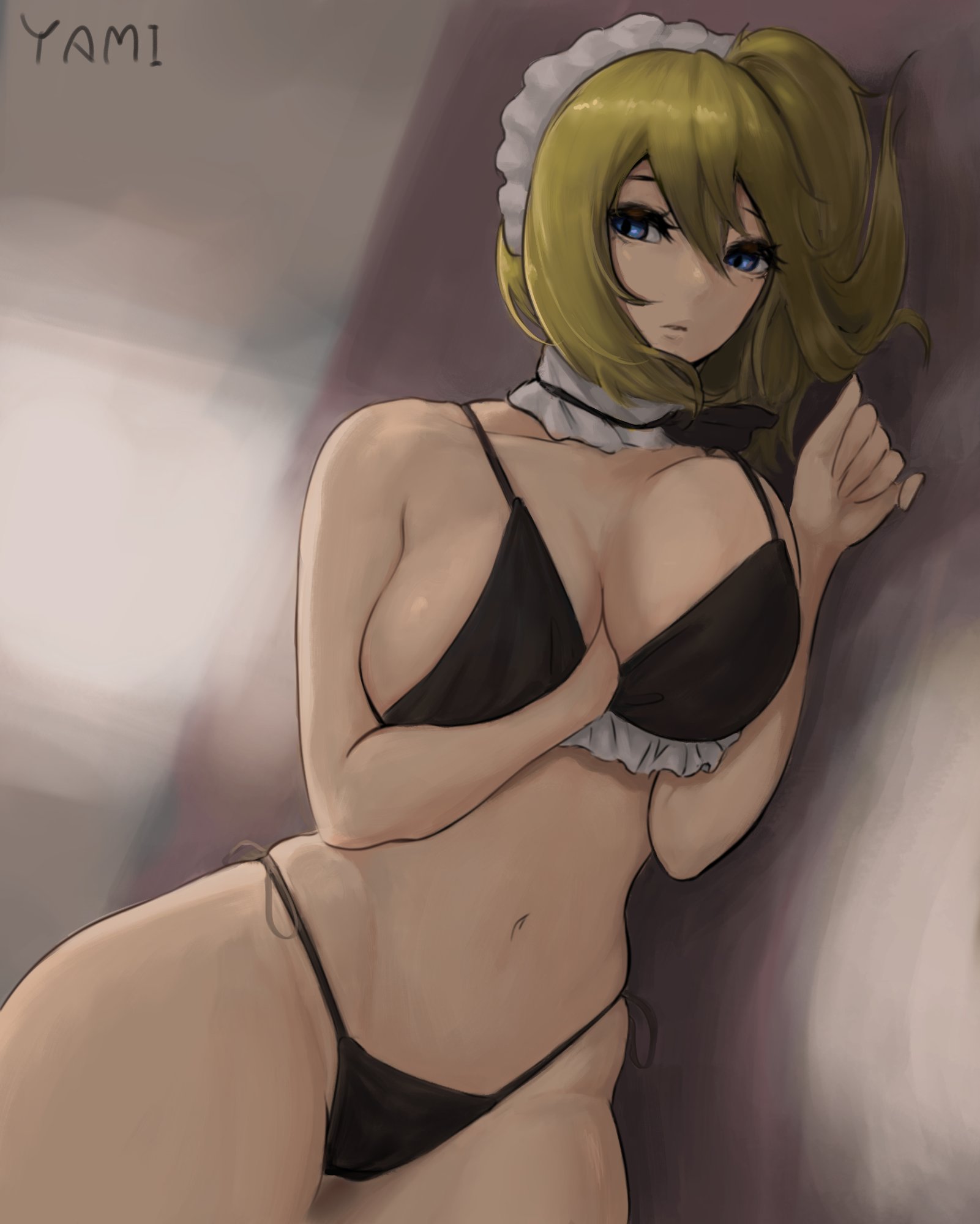 1girls, 2021, arm between breasts, barely clothed, belly, belly button, big breasts, bikini, blonde hair, blue eyes, breasts, female, female only, hayasaka ai, hi res, high resolution, highres, kaguya-sama wa kokurasetai ~tensai-tachi no renai zunousen~, looking at viewer, lying, lying on side, maid, maid bikini, maid headdress, maid uniform, navel, neck ribbon, side ponytail, thick thighs, thigh highs, yamisouls