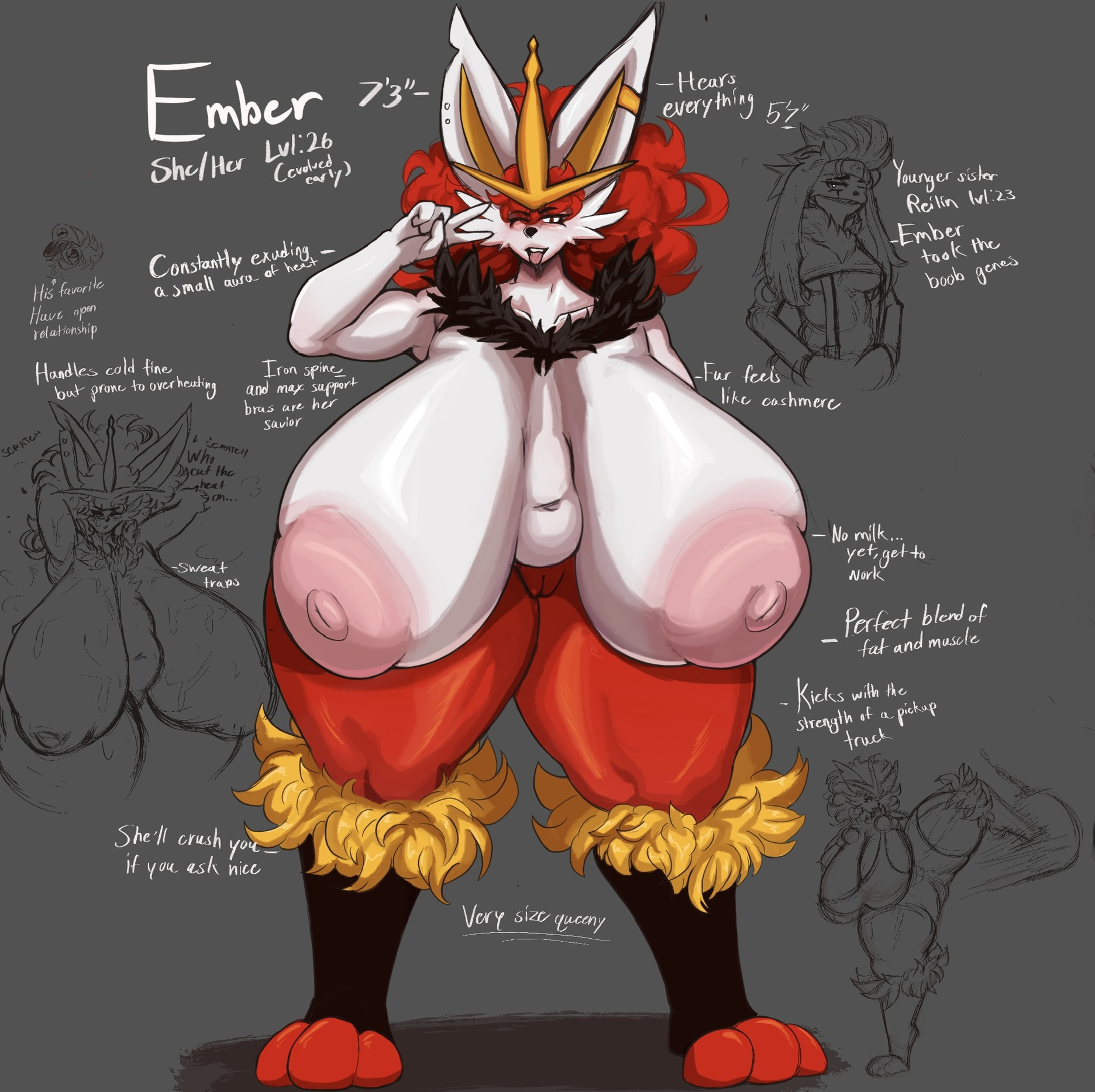 1girls, anthro, breasts, cinderace, ember (schmuckless), female, female only, gigantic breasts, huge breasts, massive breasts, nude, pokemon, schmuckless, solo, solo female, standing