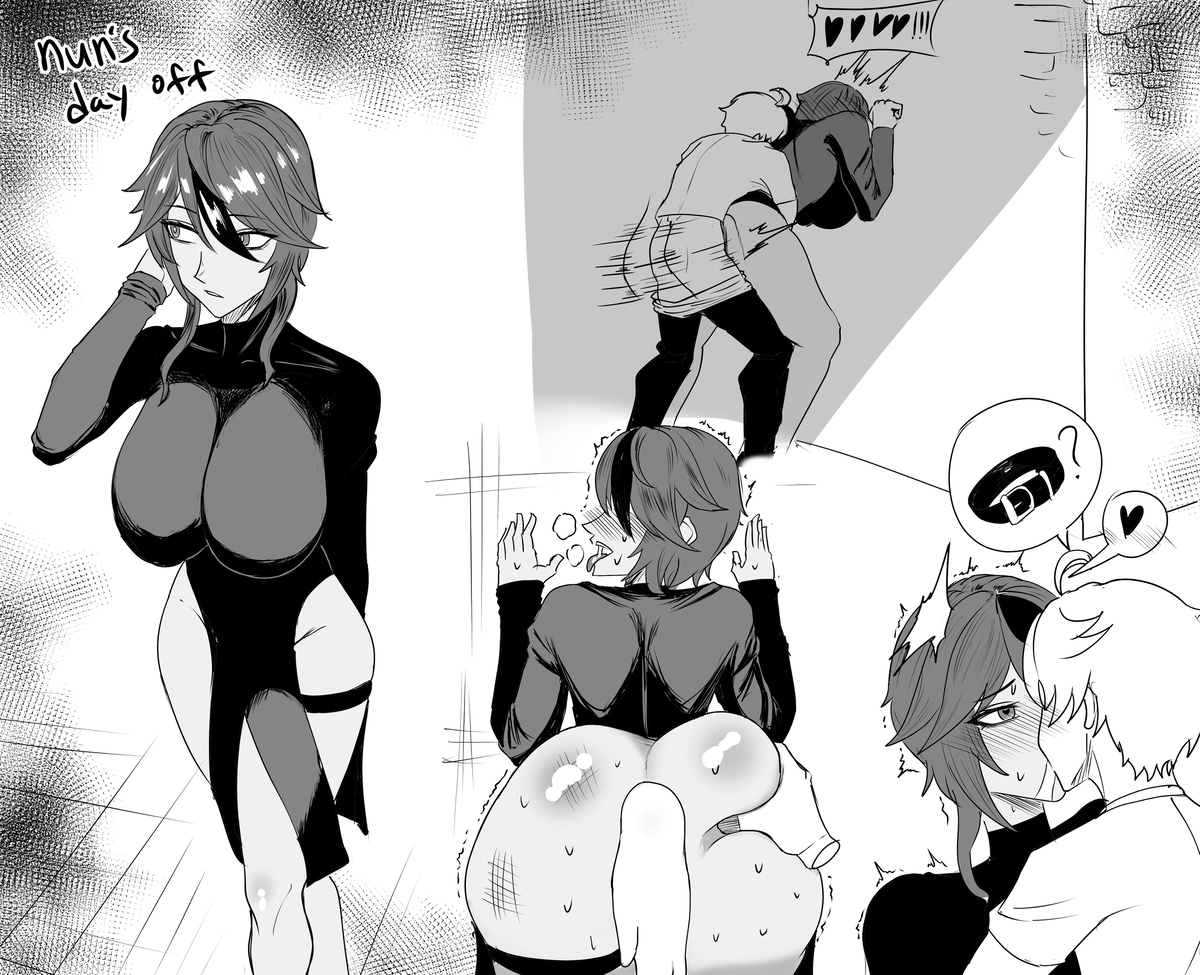 1boy, 1girls, aether (genshin impact), against wall, ass, ass grab, ass grab (another), ass grab while doggystyle, ass grabbed, ass grabbing, belt, big breasts, bigger female, black and white, blush, blush lines, blushing at another, blushing at partner, blushing face, blushing female, blushing lines, breasts, clothed, clothed female, clothed female clothed male, clothed male, clothed male clothed female, clothed sex, cock, dark hair, dark-haired female, doggy style, doggy style position, doggy style sex, doggystyle position, dominant, dominant male, dominated, domination, drawing, english, english text, erect penis, erection, erection under clothes, erection under clothing, fat ass, fat butt, female, female dominated, female on male, female penetrated, female/male, from behind, from behind position, genshin impact, grabbing, grabbing another's ass, grabbing another's butt, grabbing ass, grabbing butt, grabbing from behind, heart, heart symbol, height difference, hoyoverse, huge breasts, kiss on lips, kissing, large breasts, large tits, light hair, long hair, male, male dom, male dominating, male dominating female, male domination, male on female, male penetrating, male penetrating female, male/female, maledom, massive breasts, massive tits, mihoyo, no color, nun, nwoidn, penetration, penis, pussy, rosaria (genshin impact), sex, short hair, shorter male, shorter male/taller female, standing, standing doggy style, standing doggystyle, standing sex, straight, straight sex, submissive, submissive female, taller female, taller woman, thighs, tremble lines, trembling, vagina, vaginal penetration, vaginal sex, wall