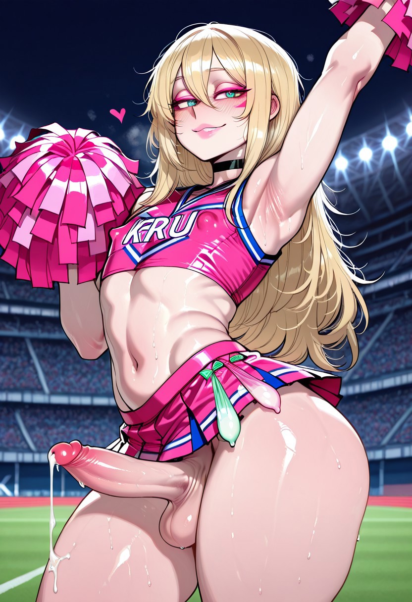 1boy, 1femboy, abysteel, ai generated, alternate version available, arm up, armpit, ass, balls, cheerleader, cheerleader outfit, cheerleader uniform, condom, condom belt, condoms, crossdressing, cum, erect nipples, erect penis, erection, eyeshadow, femboy, feminine male, filled condom, filled condoms, girly, male, nipples, nipples visible through clothing, penis, pink eyeshadow, pom poms, skirt, solo, testicles, thick thighs, thighs, top, topwear, trap, used condom, used condoms
