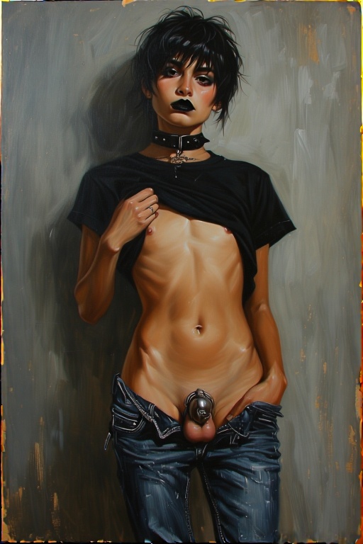 1boy, 1femboy, ai generated, black hair, black lipstick, blacker666, breasts, brunette hair, chastity, chastity cage, choker, cock cage, collar, cute male, dark hair, exposed breasts, exposed nipples, exposed torso, femboy, flat chest, flat chested, flat-chested, gay, goth, goth boy, gothic, lifting shirt, makeup, male, male only, oil painting, penis, pulled down, short hair, sissy, solo, tanned, tanned body, tanned male, tanned skin, twink, unbuttoned, unbuttoned pants, yaoi
