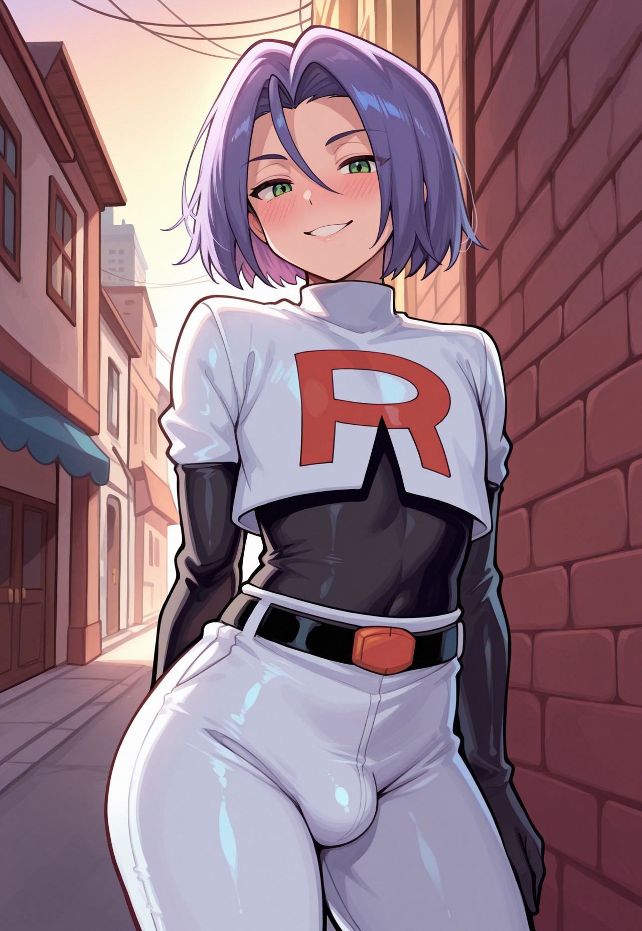 1boy, 1femboy, 2025, ai generated, alternate version available, ass, balls, blush, bulge, dispatcher2, femboy, feminine male, green eyes, james (pokemon), male, outdoors, outside, pants, pokemon, purple hair, team rocket, testicles, thick thighs, top, topwear, twink