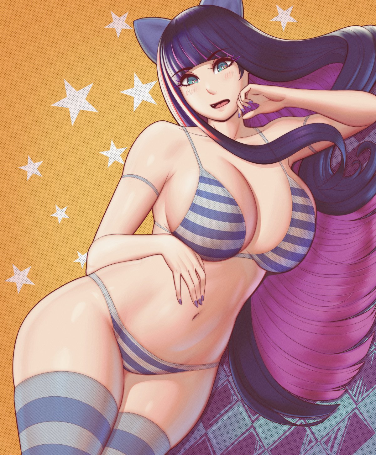 ass, big ass, big butt, big thighs, big titties, blue bra, blue panties, bra, breasts, clothing, curvaceous, curvaceous female, curvaceous figure, curvy, curvy figure, curvy hips, female, female focus, female only, green eyes, looking at viewer, multicolored hair, panties, panty & stocking with garterbelt, purple hair, stocking anarchy, striped bra, striped panties, underwear, vyor