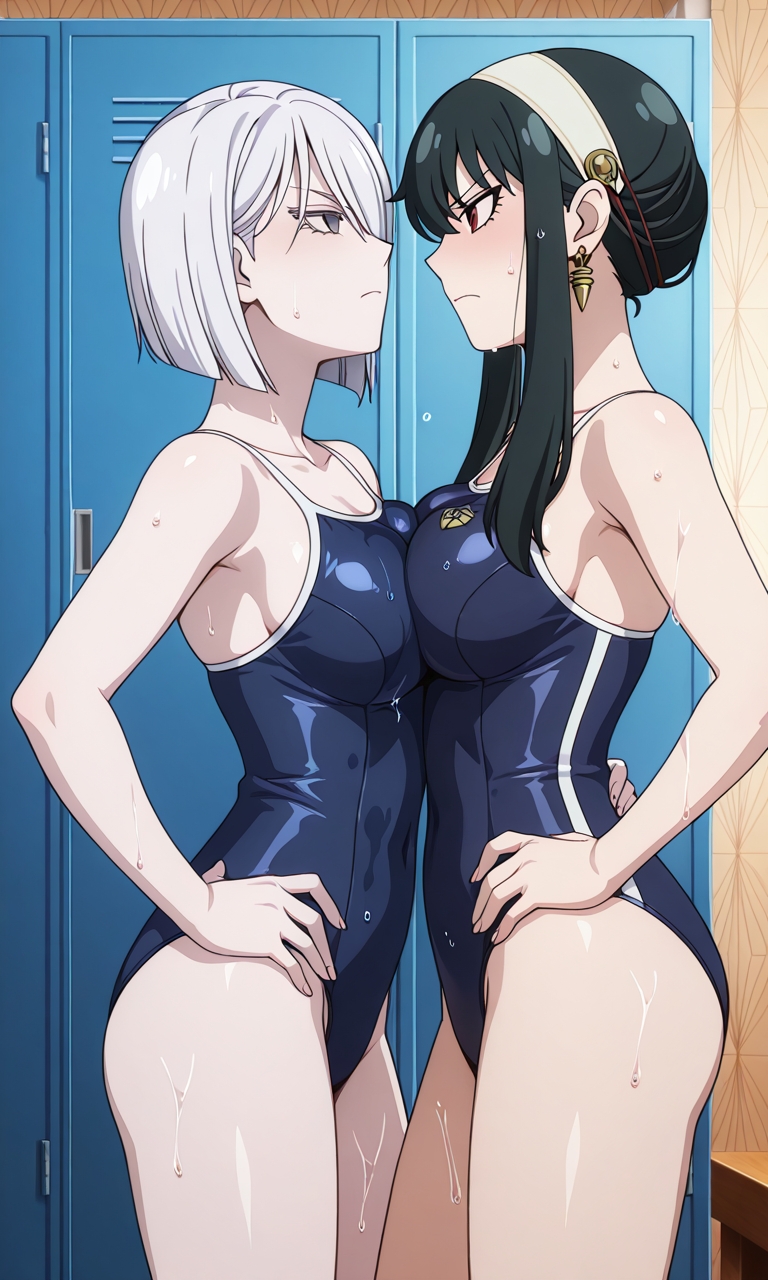 2girls, ai generated, black hair, blush, breast press, breasts, breasts pressed against partner, breasts pressed together, brown hair, brunette hair, catfight, competitive, competitive intercourse, competitive sex, dark hair, earrings, female, female only, fiona frost, multiple girls, one-piece swimsuit, rivalry, rivals, school swimsuit, sexfight, spy x family, staredown, white body, white hair, yor briar, yor forger, yuri