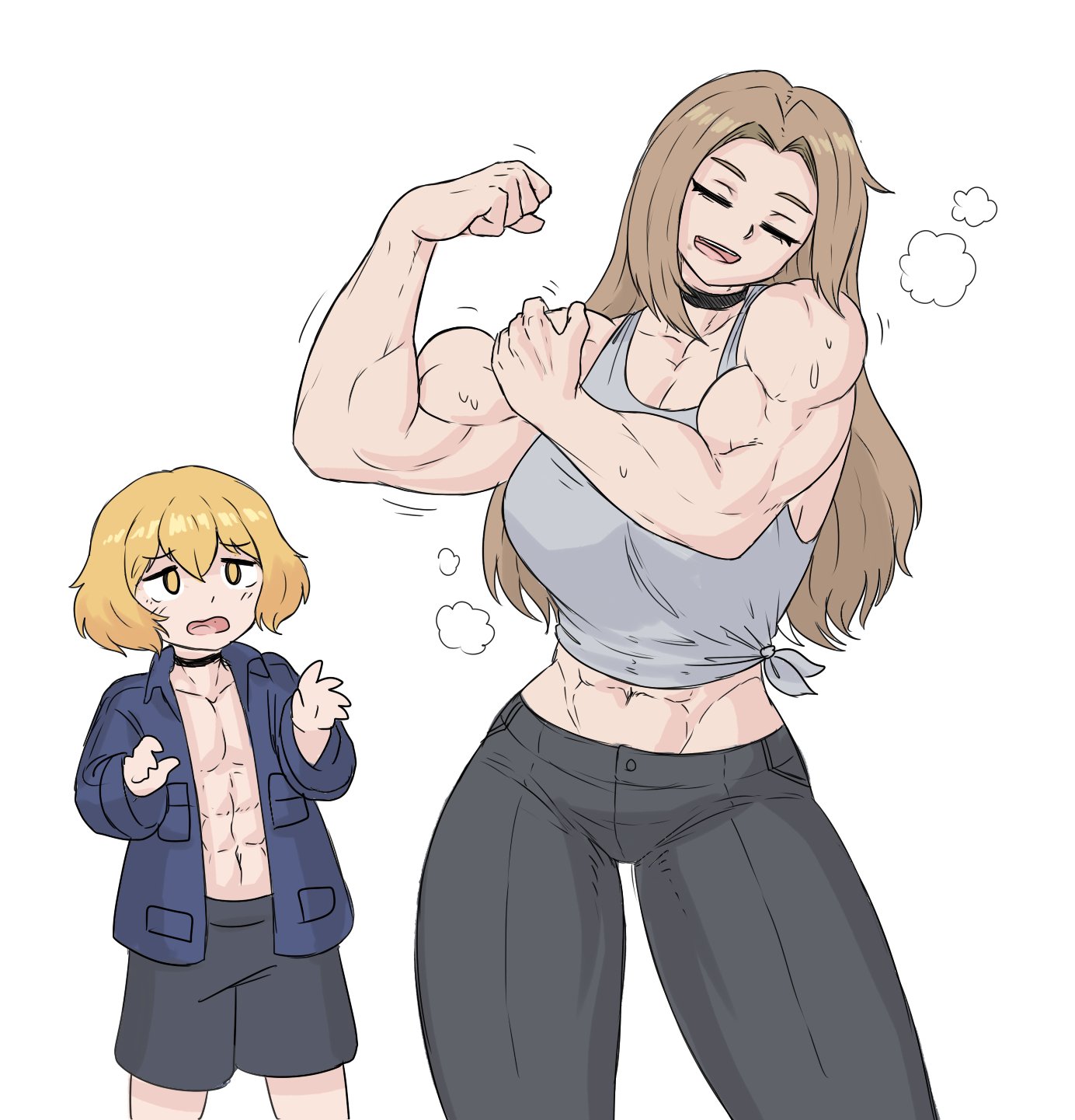 1boy, 1girls, female, flexing, limbus company, male, muscular, muscular female, project moon, rodion (limbus company), sheepapp, sinclair (limbus company), smaller male