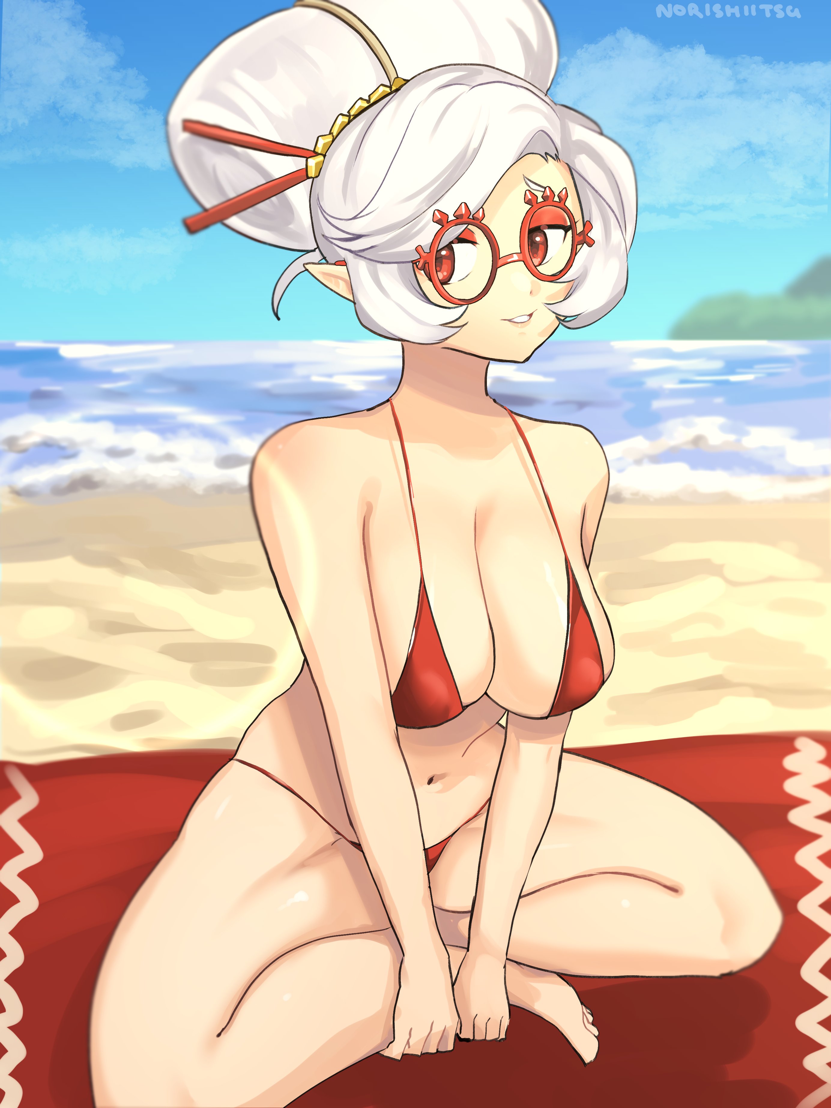 1girls, artist name, bikini, breasts, cleavage, female, glasses, large breasts, navel, nintendo, norishiitsu, purah, purah (tears of the kingdom), red eyes, solo, tears of the kingdom, the legend of zelda, white hair