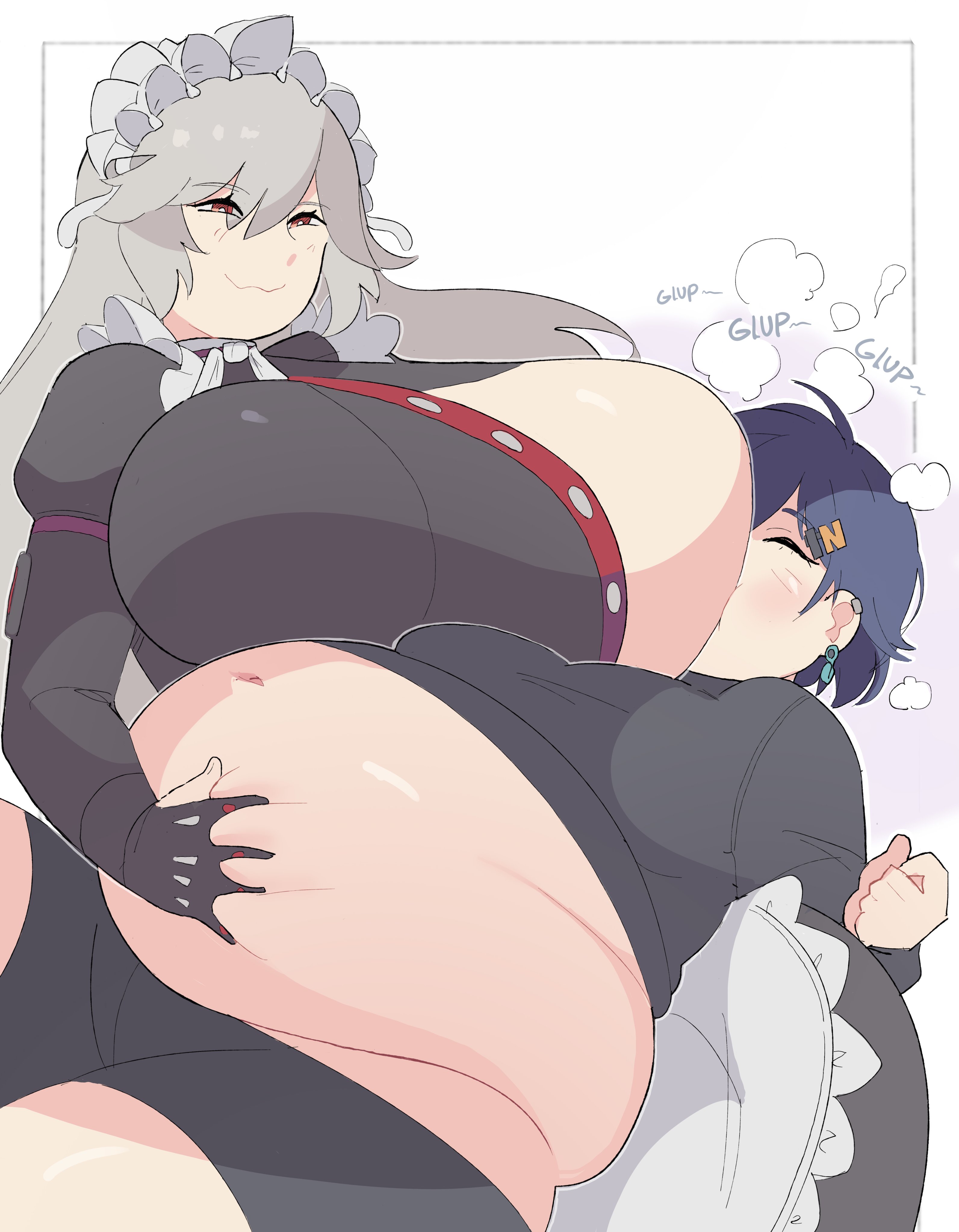 2girls, alexandrina sebastiane, bbw, belle (zenless zone zero), breastfeeding, breasts, fat, female, female only, female/female, huge breasts, large breasts, napolitane, overweight, overweight female, weight gain, weight gain female, yuri, zenless zone zero