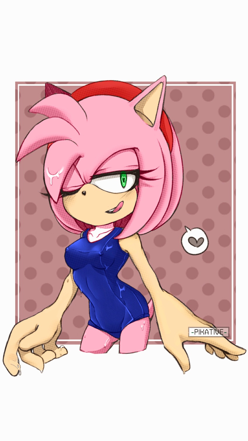 <3 amy_rose erect_nipples erect_nipples_under_clothes erect_nipples_under_swimsuit licking_lips looking_at_viewer no_gloves pikative pink_fur pink_hair solo sonic_(series) swimsuit wet wet_body wet_hair wet_skin