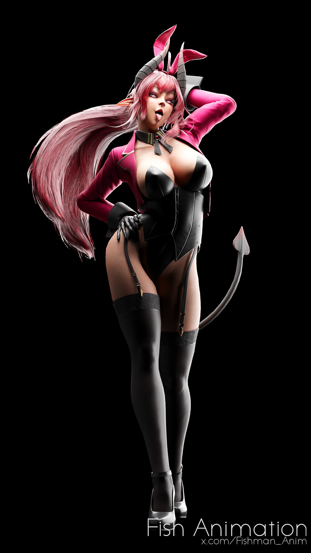 bunnysuit, demon girl, female, fish animation, ryanreos, sinia, tagme