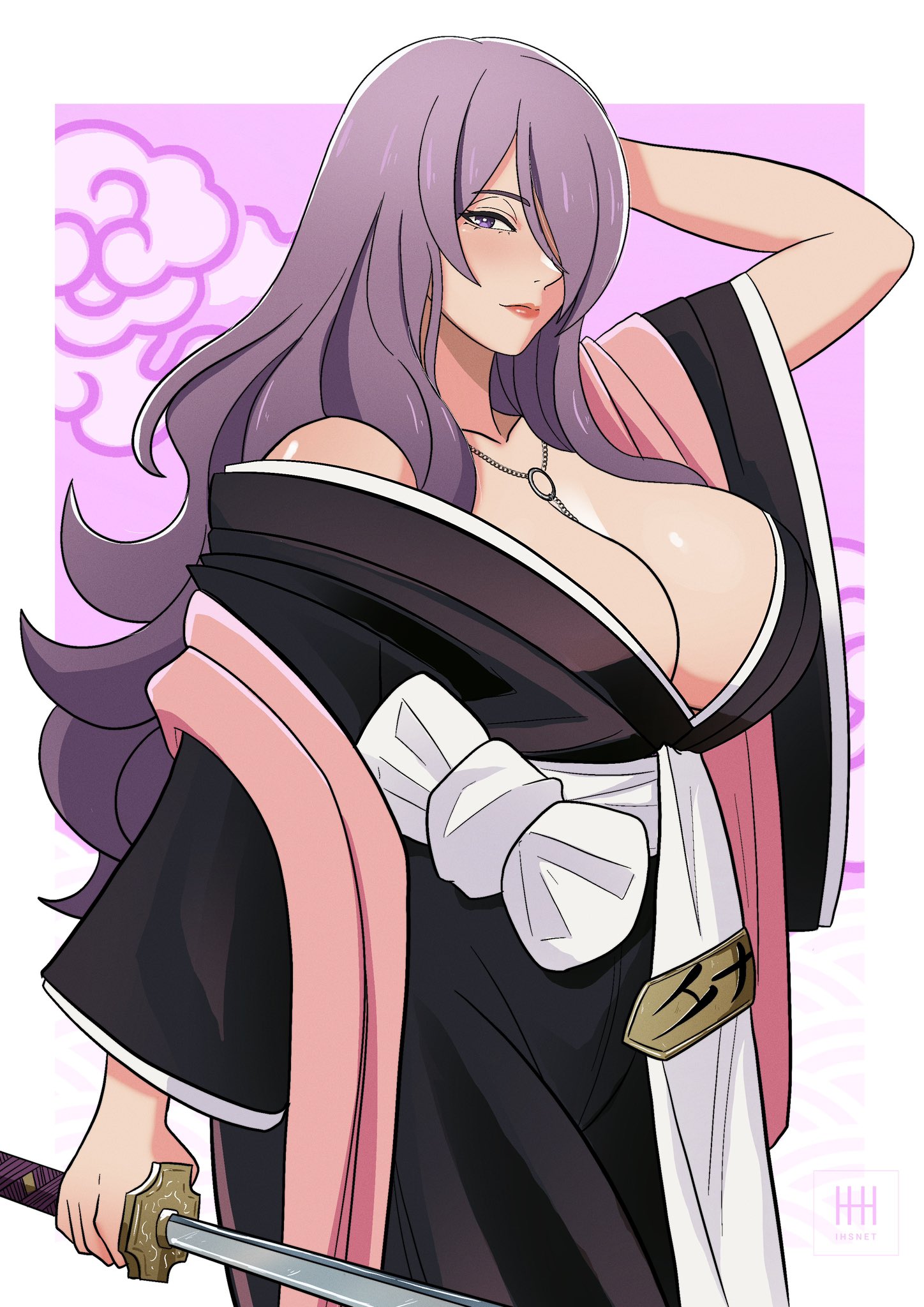1girls, big breasts, bleach, breasts, camilla (fire emblem), cleavage, clothed, clothed female, cosplay, female, female only, fire emblem, fire emblem fates, huge breasts, ihsnet, large breasts, light-skinned female, long hair, matsumoto rangiku, matsumoto rangiku (cosplay), ninja girl, purple hair, solo, solo female, sword