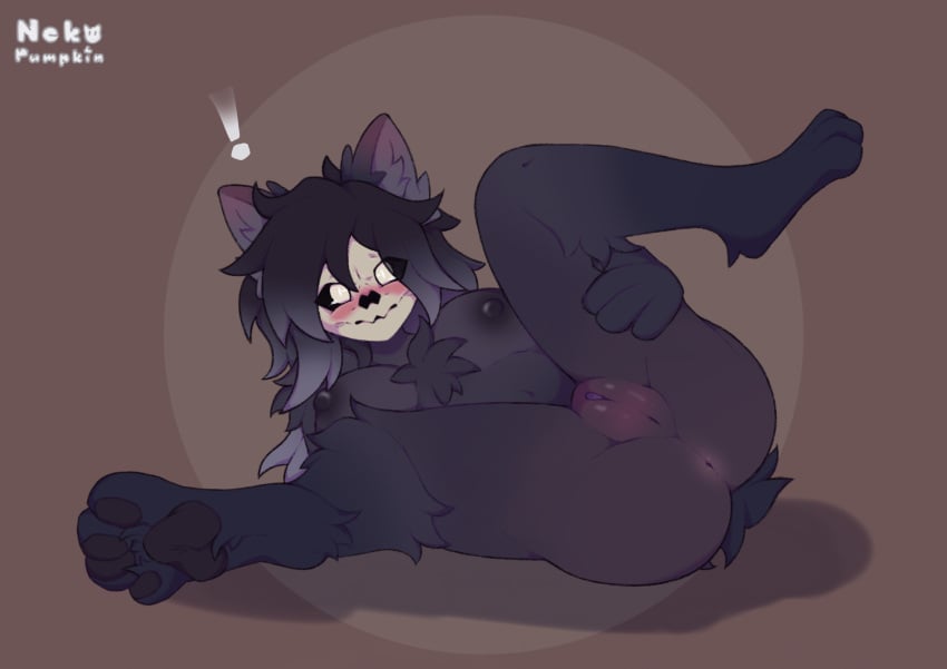 anthro, anus, artist name, black body, black fur, blush, body blush, bone, breasts, butt, canid, canine, canis, cute, female, fluffy, fur, genitals, gradient fur, gradient hair, hair, mal0, malo, nekopumpkin, scp foundation, scp-1471, scp-1471-a, solo, tagme
