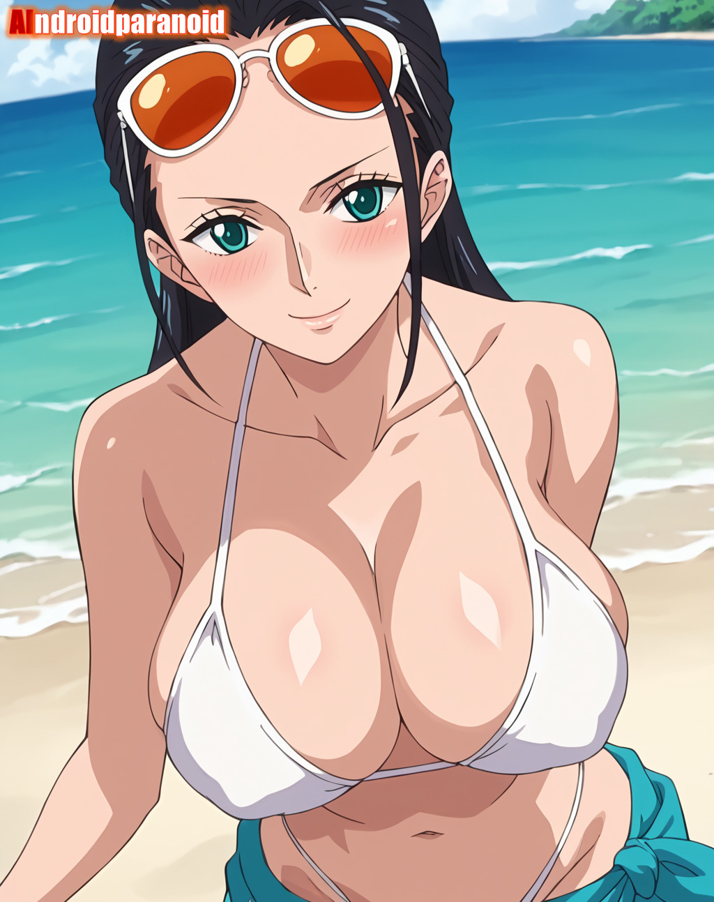 2025, ai generated, aindroidparanoid, anime, beach background, belly, bikini under clothes, black eyebrows, black-haired female, blue towel, blue-eyed female, closed mouth, closed mouth smile, crunchyroll, female, female only, hair on head, instagram, long-haired female, looking at viewer, manga, meta, mouth closed, nico robin, one piece, red cheeks, smile at viewer, smiling at viewer, sunglasses on head, towel around body, tummy, white bikini, white sunglasses