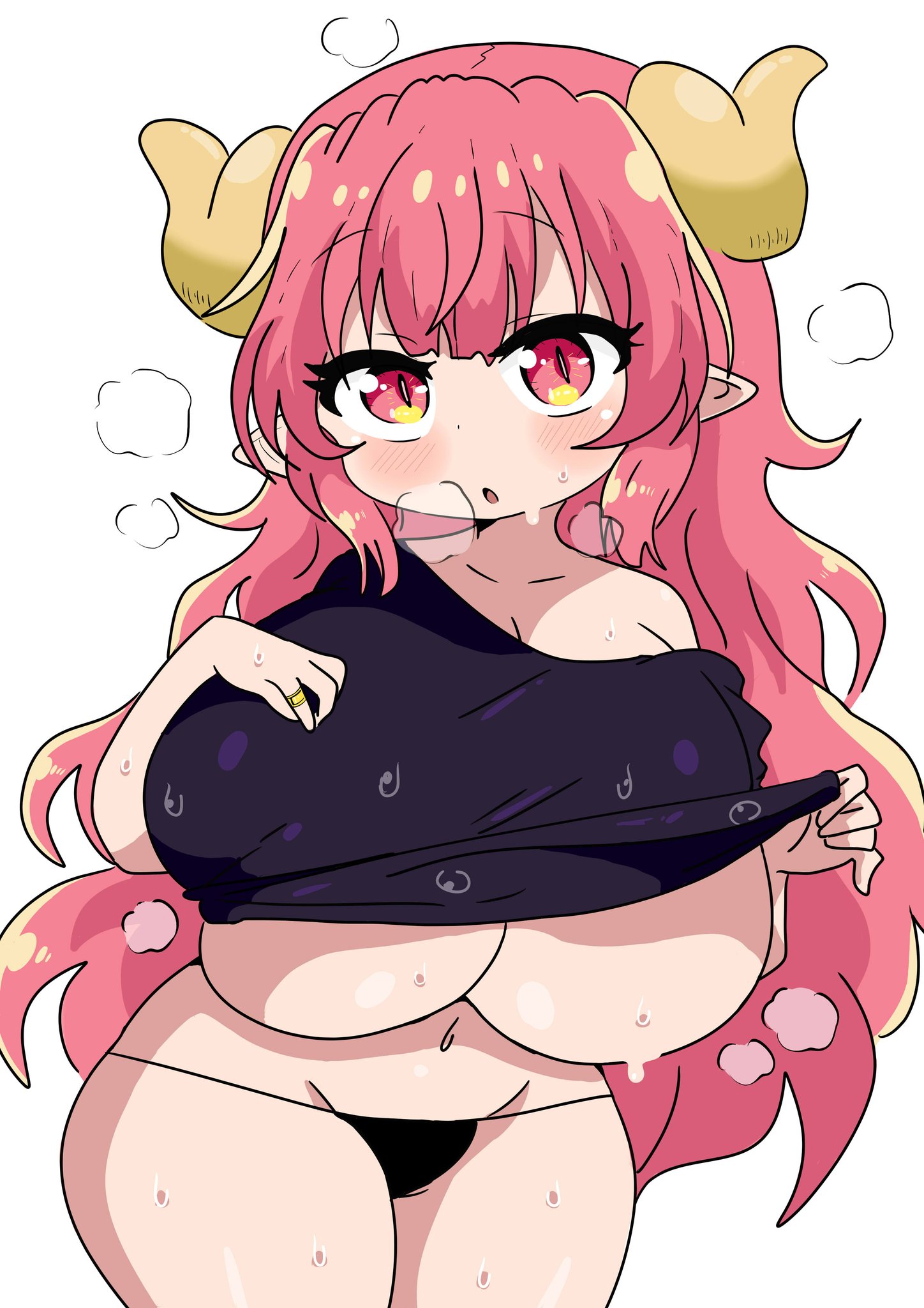 1girls, blush, blushing, breasts, dragon, dragon girl, dragon horns, dragon humanoid, eduardo31267693, female, hi res, high resolution, highres, horn, horned humanoid, horns, huge breasts, humanoid, ilulu, ilulu (dragon maid), ilulu (maidragon), kobayashi-san chi no maidragon, long hair, miss kobayashi's dragon maid, panties, pink eyes, pink hair, pointy ears, ring, short stack, shortstack, slit pupils, small but busty, solo, solo female, solo focus, sweat, tagme, underboob, voluptuous, voluptuous female, yami neko