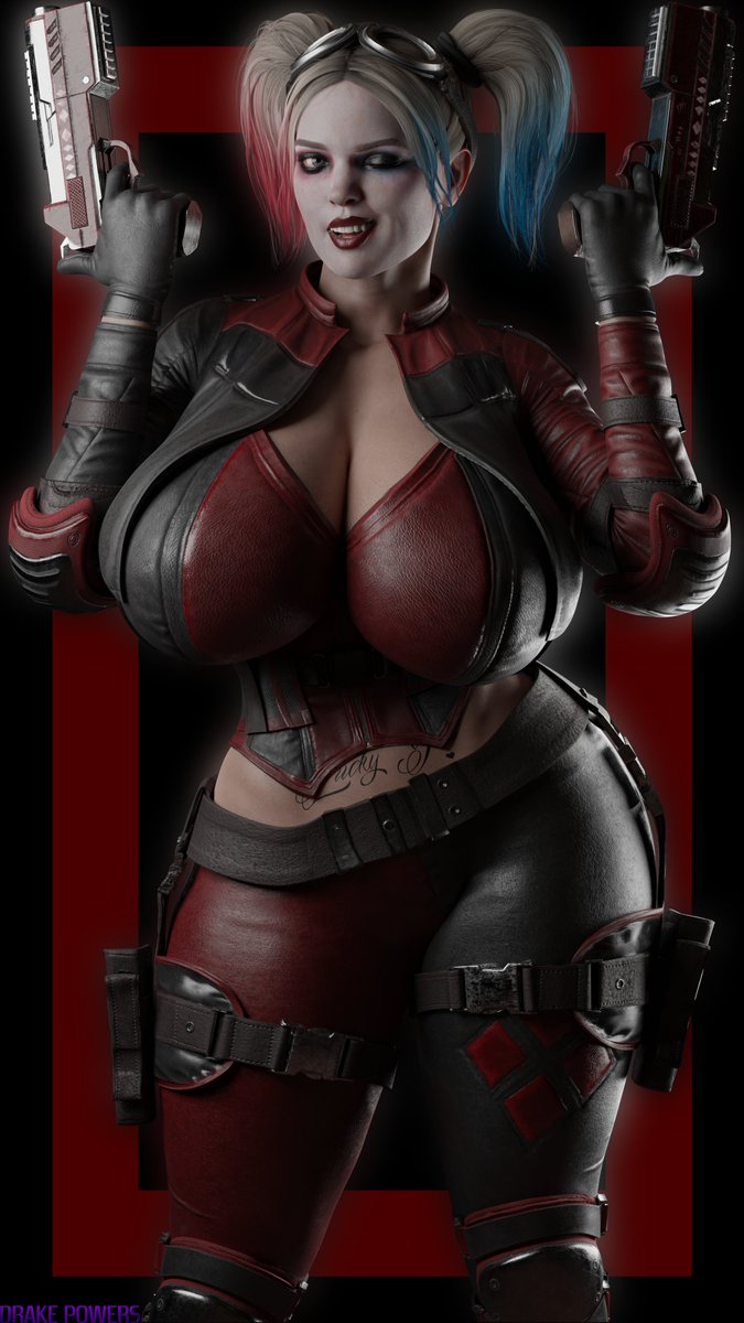 1girls, 3d, alternate breast size, alternate version available, artist name, batman (series), big breasts, black gloves, blonde hair, blue eyes, breasts, busty, cleavage, clothing, curvaceous, curvy, curvy figure, dc, dc comics, drakepowers, dyed hair, eyebrows, eyelashes, eyes, female, female only, full color, fully clothed, gloves, gun, hair, harley quinn, harley quinn (injustice), hips, hourglass figure, huge breasts, injustice 2, large breasts, leather gloves, light skin, light-skinned female, lips, lipstick, makeup, mouth, multicolored hair, pigtails, solo, tattoo, thick, thick thighs, thighs, tight clothing, top heavy, upper body, villain, villainess, voluptuous, watermark, wide hips, wink