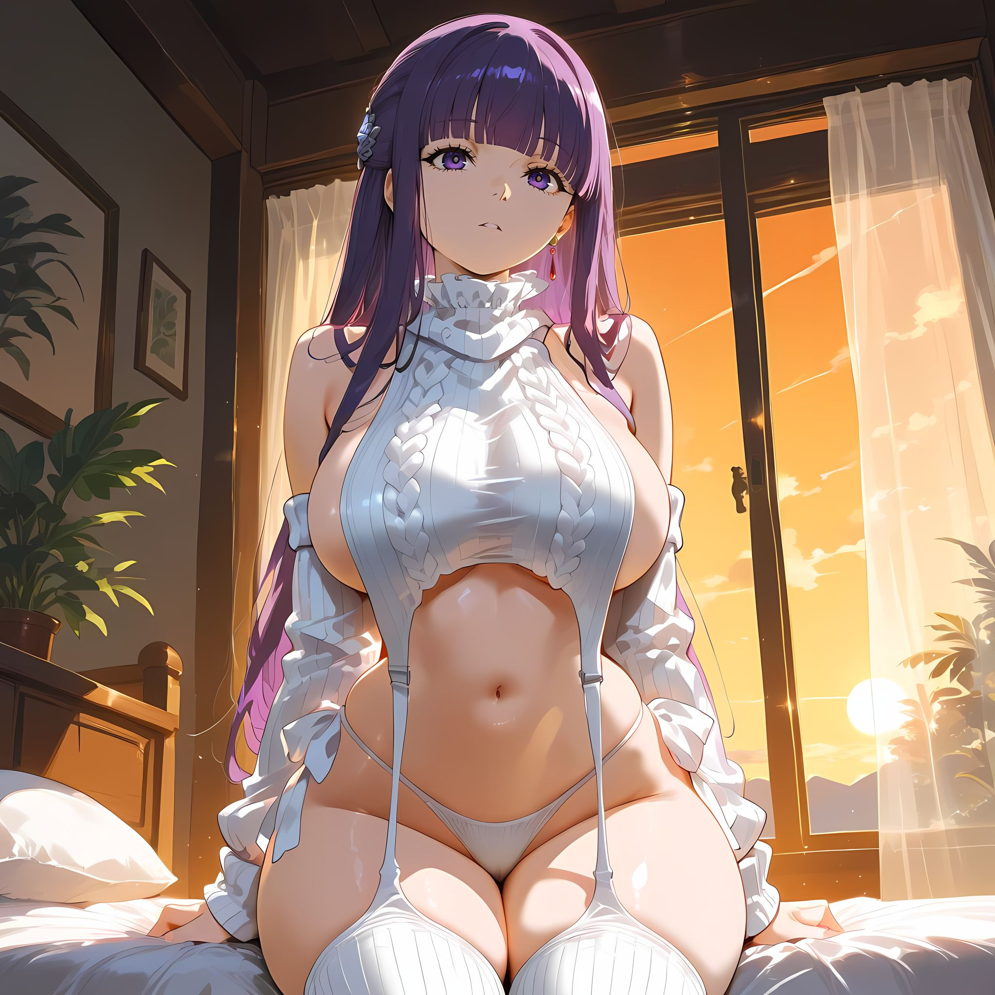 ai generated, bed, bedroom, female, fern (sousou no frieren), frieren beyond journey's end, looking at viewer, purple eyes, purple hair, sousou no frieren, stockings, stomach, thighhighs, thighs, virgin killer sweater
