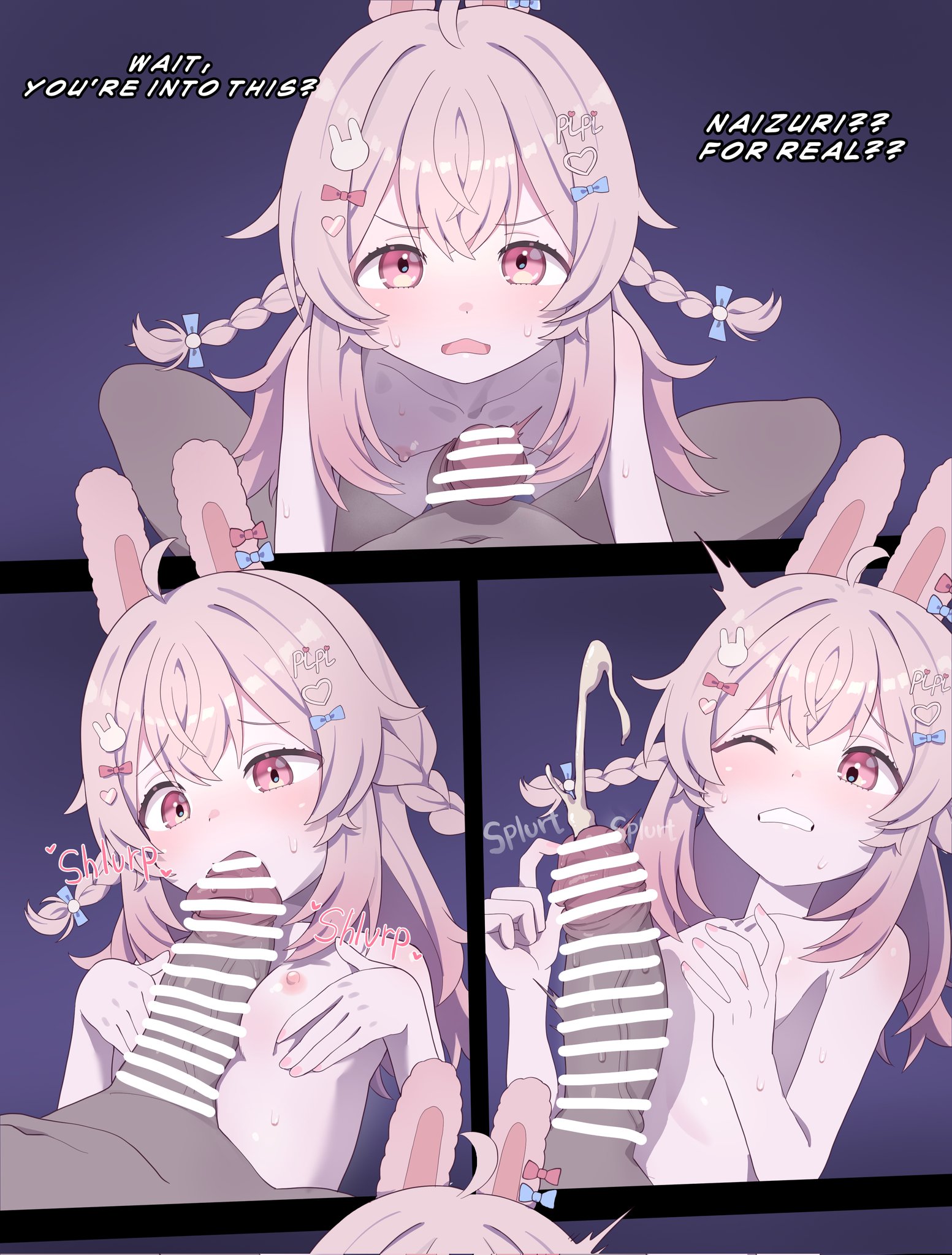 ^^^, 1boy, ahoge, animal ears, bar censor, black border, blue bow, border, bow, braid, breasts, breasts squeezed together, censored, collarbone, comic, commentary, completely nude, cum, cumshot, dark skin, dark-skinned male, ear bow, ejaculation, english text, erection, fellatio, female, flinch, furrowed brow, hair ornament, hands up, highres, long hair, long sidelocks, looking at viewer, lying, male, multiple views, naizuri, nipples, nude, on back, one eye closed, onion (tamanegi), oral, paizuri, penis, phase connect, phase origins, pink eyes, pink hair, pink nails, pipkin pippa, pov, pov crotch, rabbit ears, rabbit hair ornament, red bow, sidelocks, simple background, small breasts, spread legs, straight, teeth, twin braids, virtual youtuber, vtuber, yume kawaii