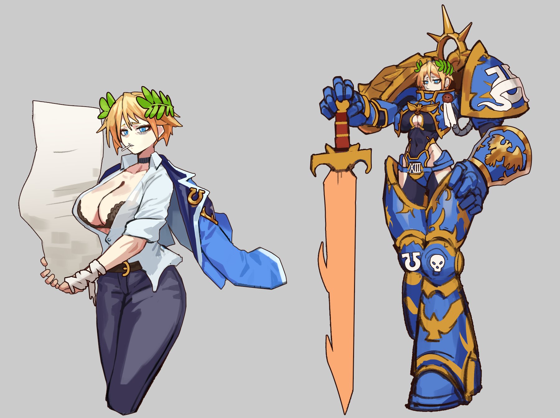 2025, armor, blonde hair, blue eyes, boob window, bra, breasts, carrying object, choker, dress shirt, eye bags, eyebags, female, flaming sword, hand on hip, holding object, imperium of man, jacket, laurel crown, leaning on sword, lingerie, lollipop, lollipop in mouth, multiple images, office lady, open shirt, paper stack, paperwork, podobrick, post-human, power armor, power armor (warhammer), primarch, roboute guilliman, rule 63, short hair, solo, sword, tired eyes, ultramarines, warhammer (franchise), warhammer 40k