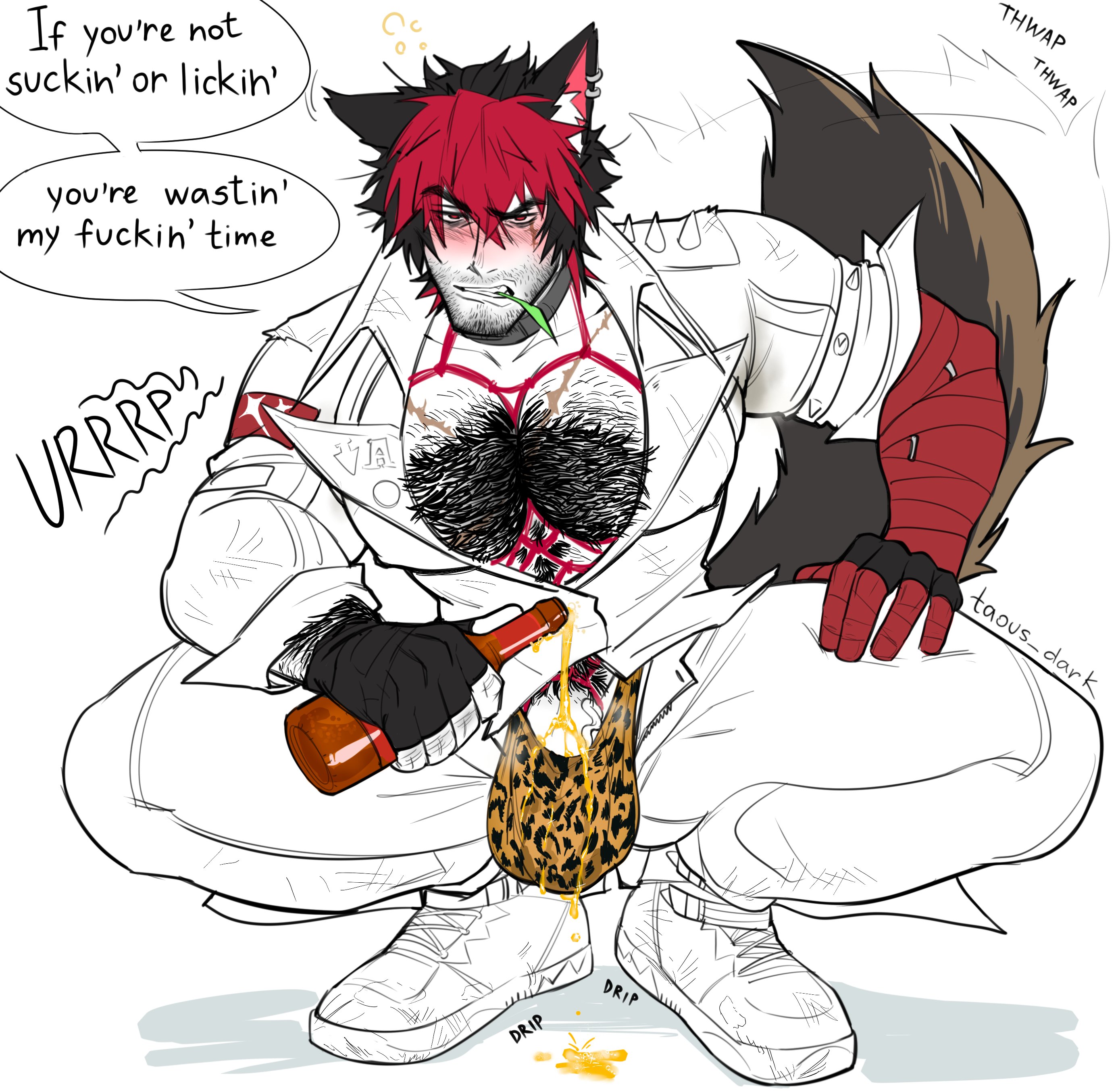 balls, balls out of pants, bandage, bandaged arm, bandages, beard, beer, beer bottle, big bulge, black chest hair, black hair, black pubes, black pubic hair, black-haired male, blush, blush lines, bondage, bondage hood, bondage outfit, bondage roppe, breasts, brown hair, bulge, burp, burping, canine tail, chest hair, chewing grass, flaccid, hairy, hairy chest, hairy male, hoyoverse, jacket, jacket open, kemonomimi, komano manato, leopard print, leopard print underwear, liquid on penis, male, male focus, male only, monochrome, okamimimi, open clothes, open pants, partially clothed, partially clothed male, partially nude, partially nude male, penis, penis out of pants, pubes, pubes exposed, pubic hair, pubic hair peek, red hair, red-haired male, rope, rope between breasts, rope bondage, ropes, scar, scars, scars on chest, solo, solo male, spiked jacket, squatting, sweaty, sweaty armpit, sweaty armpits, taous dark, thiren, tied body, underwear, veiny, veiny penis, wagging tail, watermark, wolf ears, wolf tail, zenless zone zero