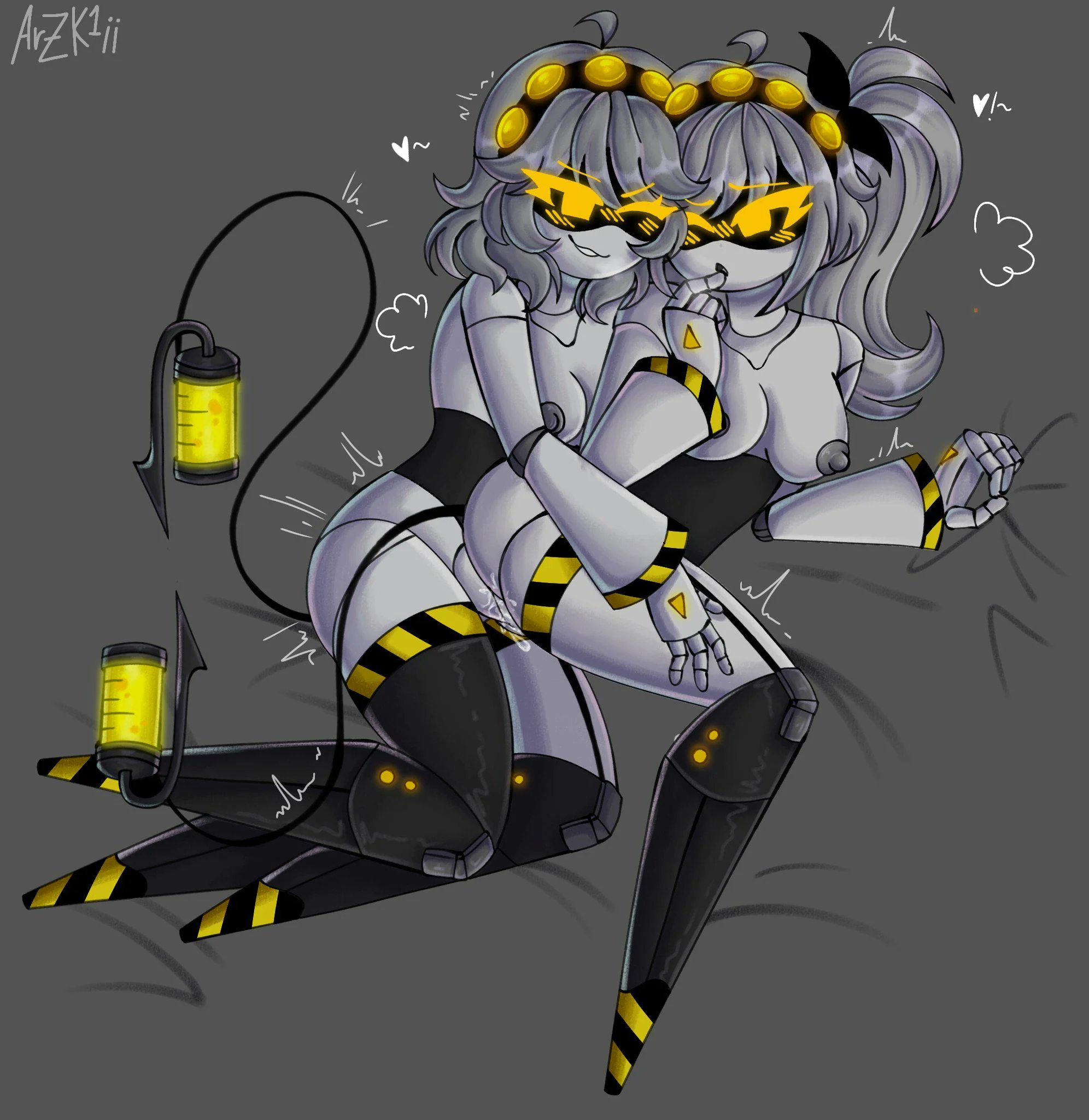 arzk1i, disassembly drone, female, futa on female, futadom, futanari, hand on thigh, intersex, j (murder drones), murder drones, precum, precum drip, tagme, v (murder drones)