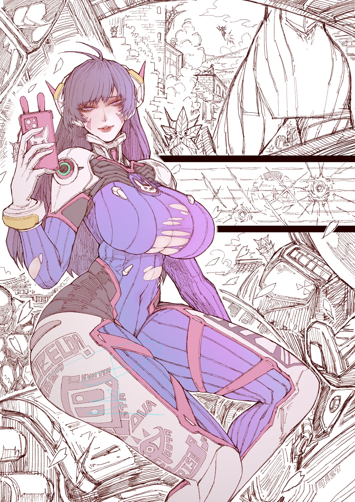 ass, background, big ass, big breasts, bodysuit, breasts, breasts bigger than head, d.va, female, goated artist, holding object, jun wu mo, large breasts, overwatch, overwatch 2, phone, ripped clothing, thick thighs, torn clothes