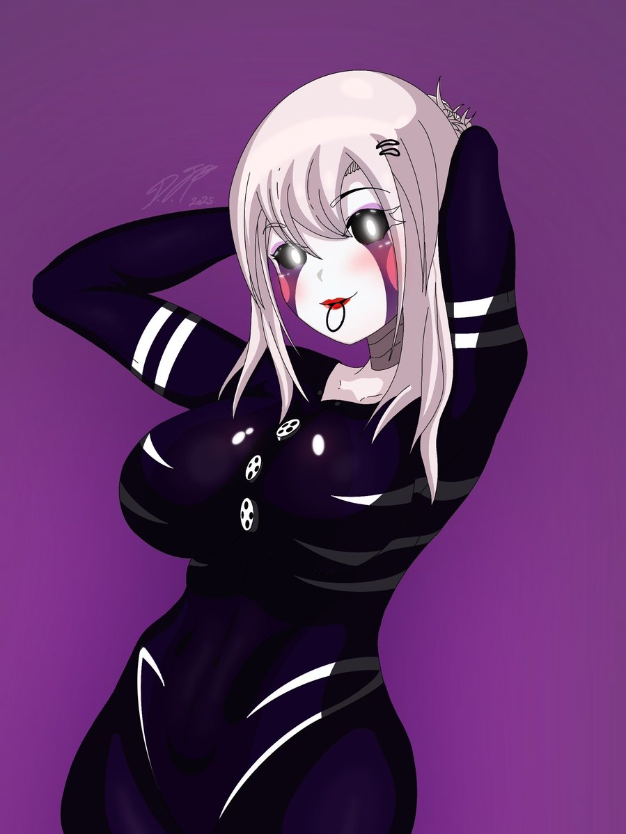1girls, armpits, artist signature, blush, breasts, female, female only, five nights at freddy's, five nights in anime, fnia, hands behind head, lipstick, marionette, marionette (fnaf), puppet (fnaf), puppet (fnia), smiling at viewer, smug, solo, tagme, tears, thick thighs, thighs, white hair, white pupils