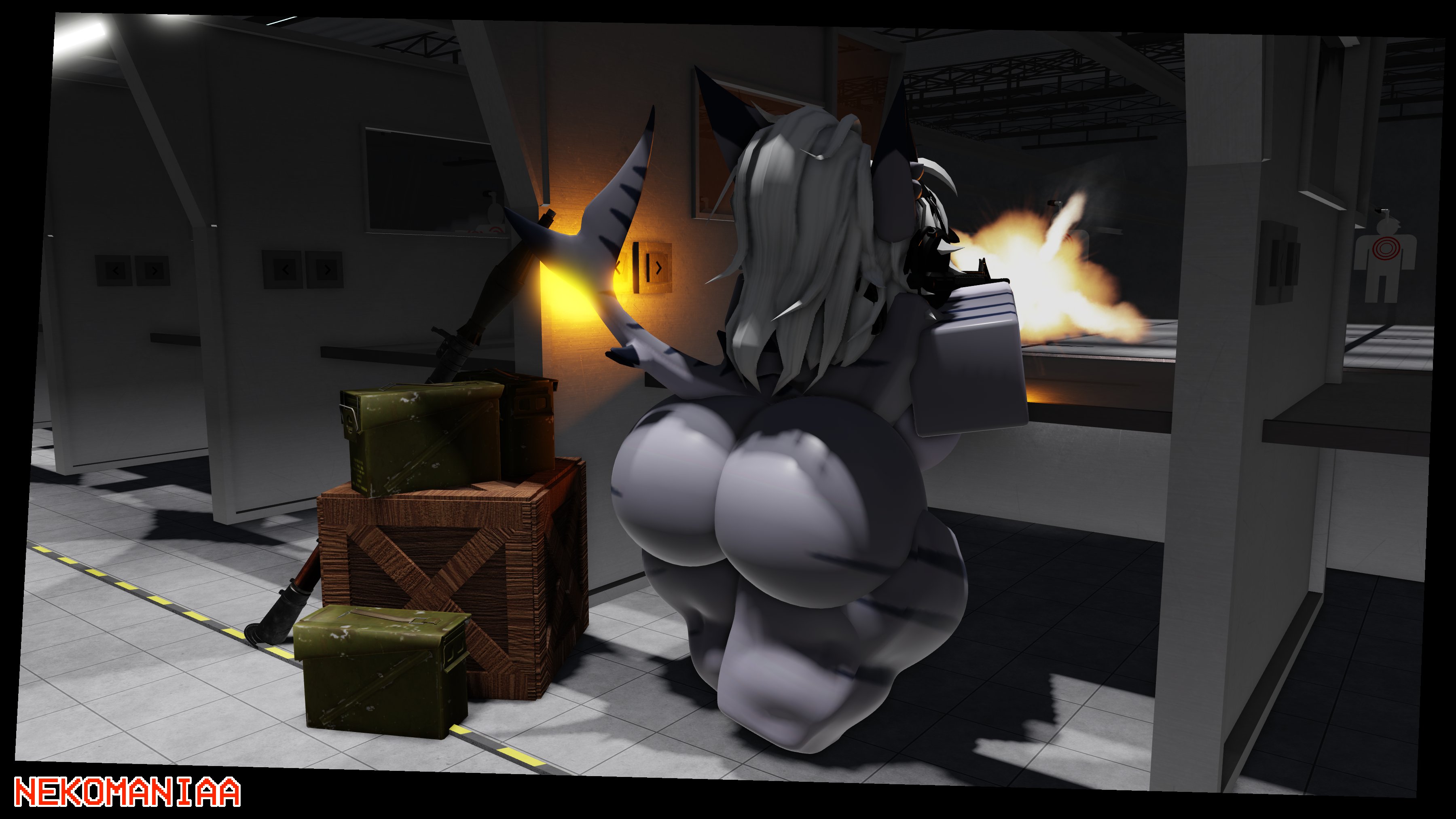 3d, ass focus, female, female only, furry, furry only, gun, nekomaniaa, nude, roblox, roblox avatar, robloxian, shark, tagme, tiger shark