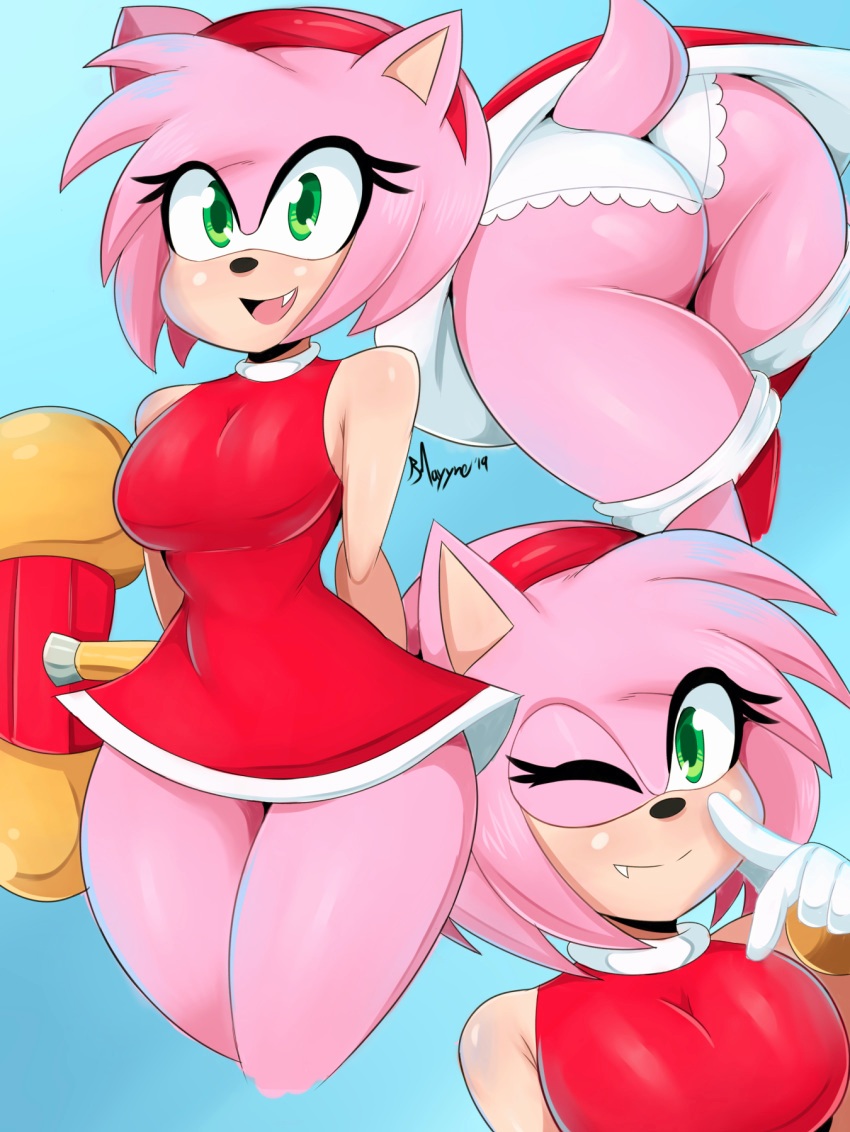 amy rose, artist signature, ass, female, hammer, hedgehog, panties, pantyshot, pink fur, pink hair, quills, red dress, ring, rtayyne19, short tail, smile, sonic (series), thick thighs, thunderthighs, underwear, upskirt, white panties