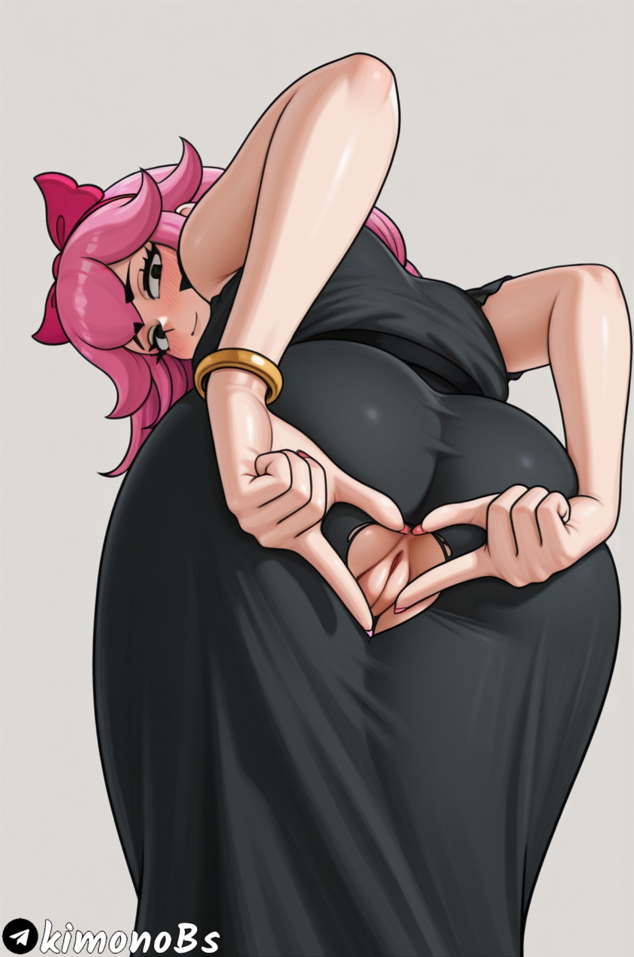 , 1girl, ai generated, anus, artist name, ass, ass focus, back view, black dress, black eyes, blush, bow, bracelet, brawl stars, dress, from behind, grey background, hair bow, hair ribbon, heart, heart hands, jewelry, kimonobs, long hair, looking at viewer, looking back, melodie (brawl stars), patreon logo, pink hair, presenting, pussy, simple background, solo, spreading own anus, supercell, tagme, tearing clothes, uncensored, web address