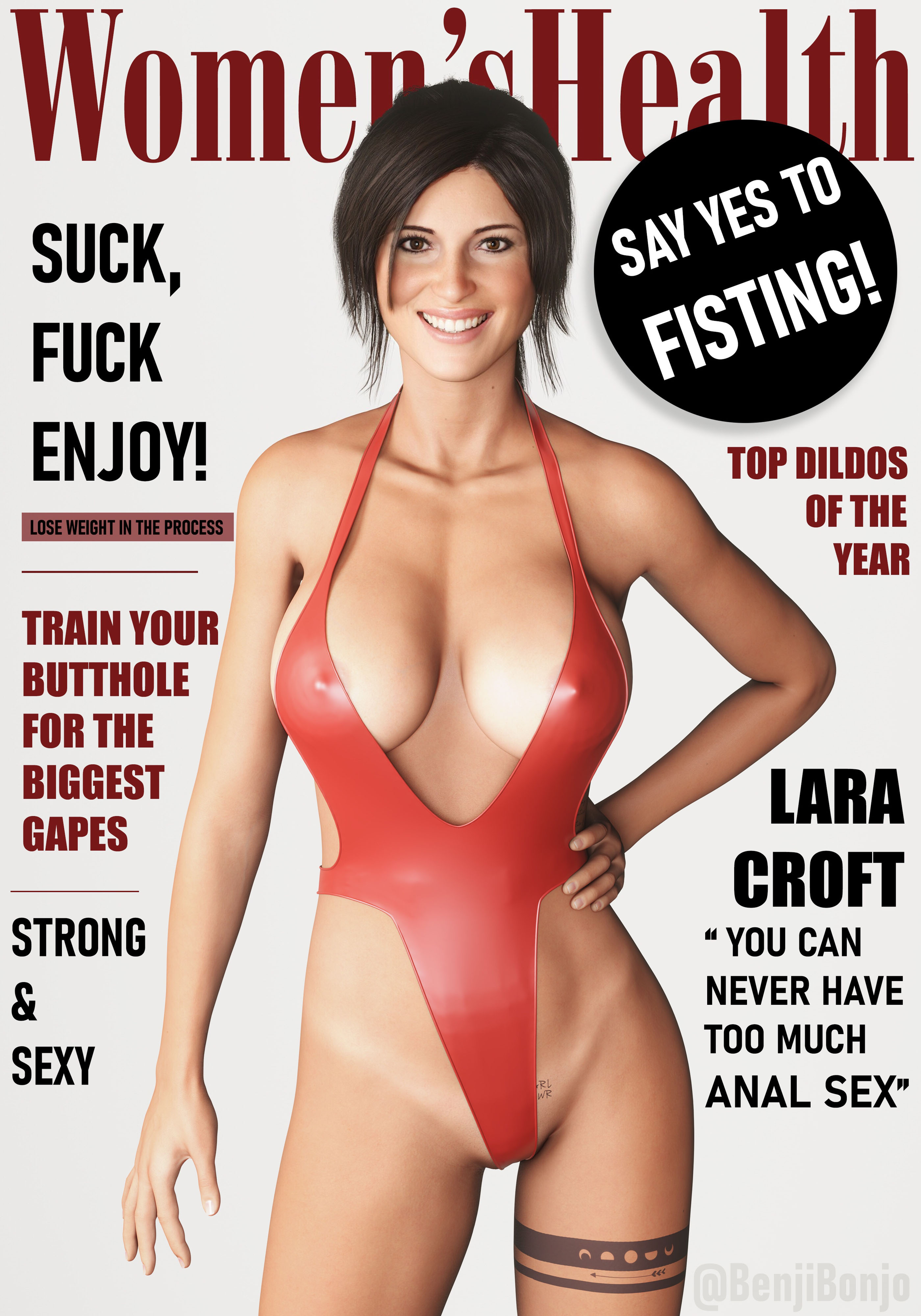 1girls, 3d, anal, anal training, bare legs, benjibonjo, big breasts, breasts, brown eyes, brown hair, cleavage, english text, erect nipples, female, female focus, female only, fisting, lara croft, lara croft (survivor), long hair, magazine, magazine cover, nipple bulge, nipples, one-piece swimsuit, pinup, pinup pose, skimpy, solo, swimsuit, tattoo, text, tomb raider, tomb raider (survivor)