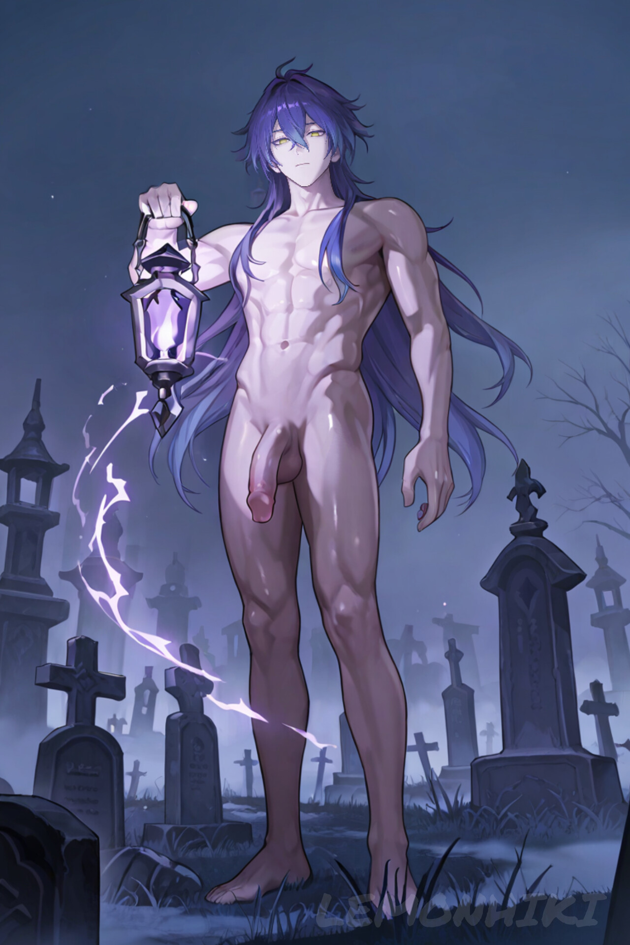1boy, ai generated, bara, flins (genshin impact), gay, genshin impact, lemonhiki, male, male only, muscular, penis, yaoi