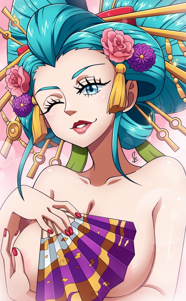 1girls artist_request blue_eyes female female_only green_hair hair_ornament komurasaki kozuki_hiyori nihongami oiran one_piece prostitute teasing wink