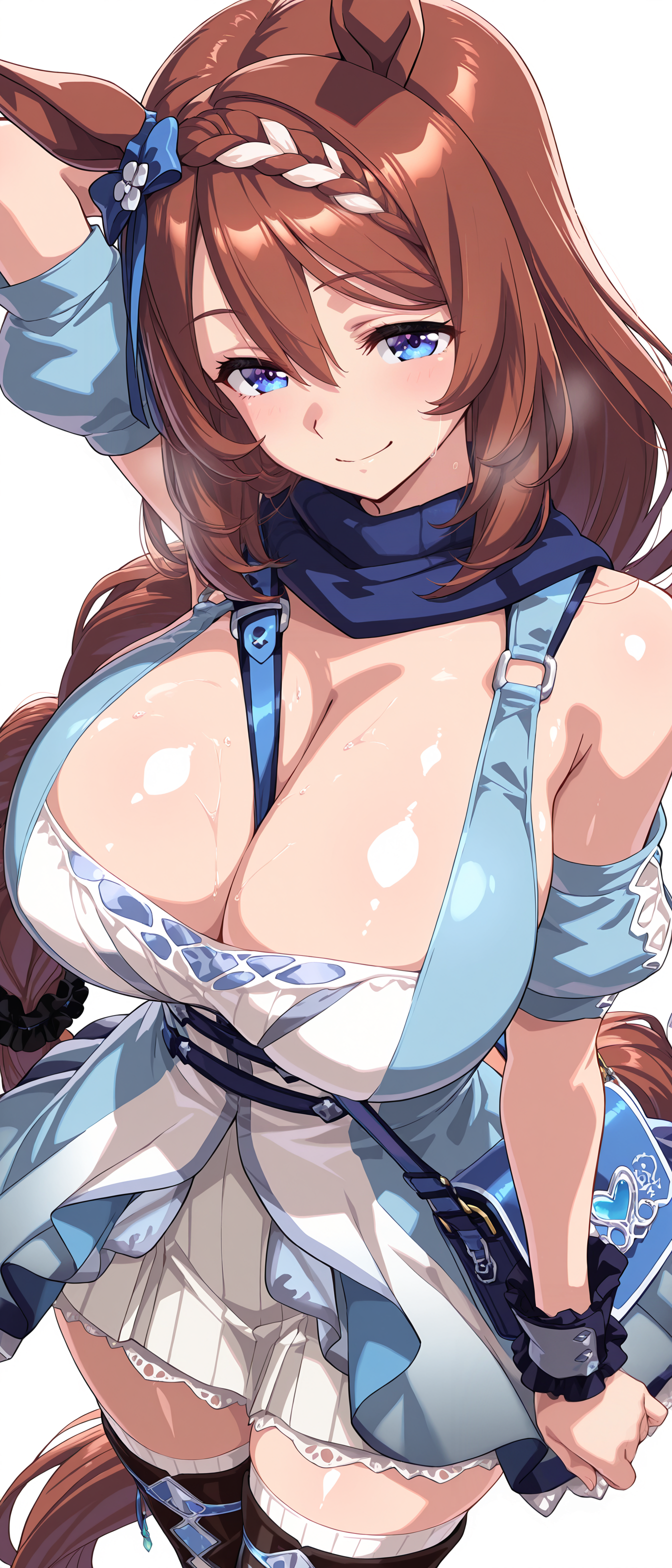 ai generated, animal ears, big breasts, blue eyes, braided hair, cleavage, costume, female, full body, horse girl, long hair, outfit, ribbon, shiny skin, super creek (murmuring stream) (umamusume), super creek (umamusume), umamusume, umamusume pretty derby