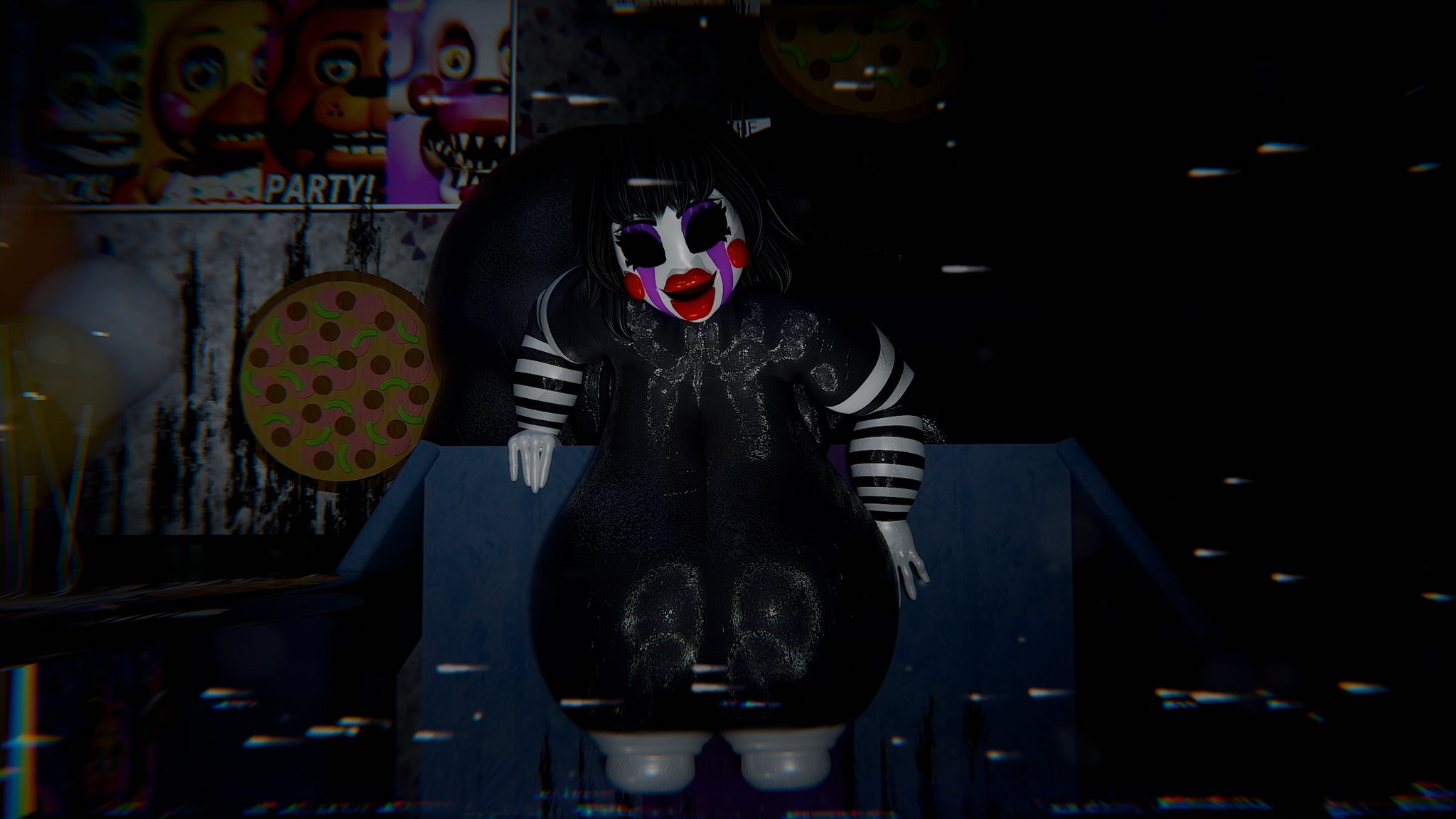 1girls, 3d, 3d (artwork), ass, black body, black hair, breasts, female, five nights at freddy's, five nights at freddy's 2, fnaf, hips, huge ass, hyper, hyper ass, large breasts, marionette (fnaf), no eyes, puppet (fnaf), puppet (thepuppetlover), red lips, red lipstick, slugcats (artist), solo, spread legs, stripes, tagme, thick thighs, white face