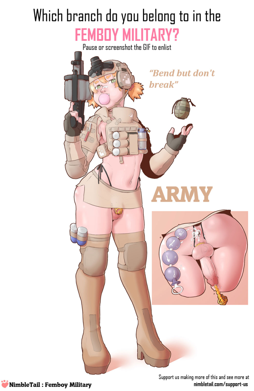 1boy, 2d, after anal, anal beads, anus, army, ass, blowing bubblegum, boots, bubble gum, chastity cage, chastity device, color, english text, femboy, femboy only, full color, gay, gay male, grenade, grenade launcher, gun, headgear, heel boots, high heel boots, high heels, light skin, light-skinned femboy, light-skinned male, male, male only, midriff, military uniform, miniskirt, nimbletail, original, penis, revealing clothes, short skirt, skimpy clothes, skirt, solo, solo femboy, tactical gear, tactical nudity, tagme, text, thighhighs, tiny penis, urethral chastity, urethral insertion, urethral plug, weapon