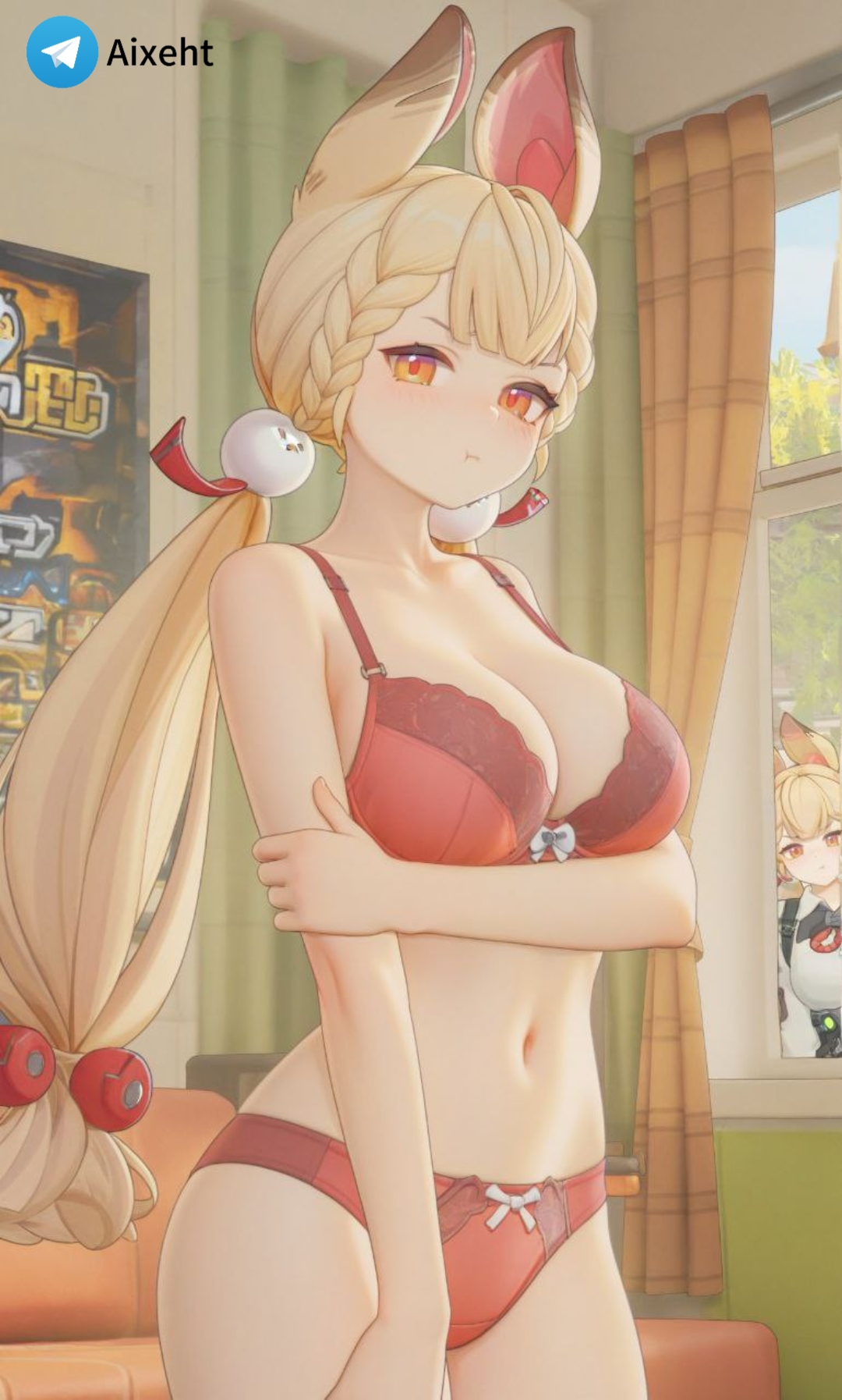 ai generated, alice thymefield, blush, bra, breasts, large breasts, navel, panties, zenless zone zero
